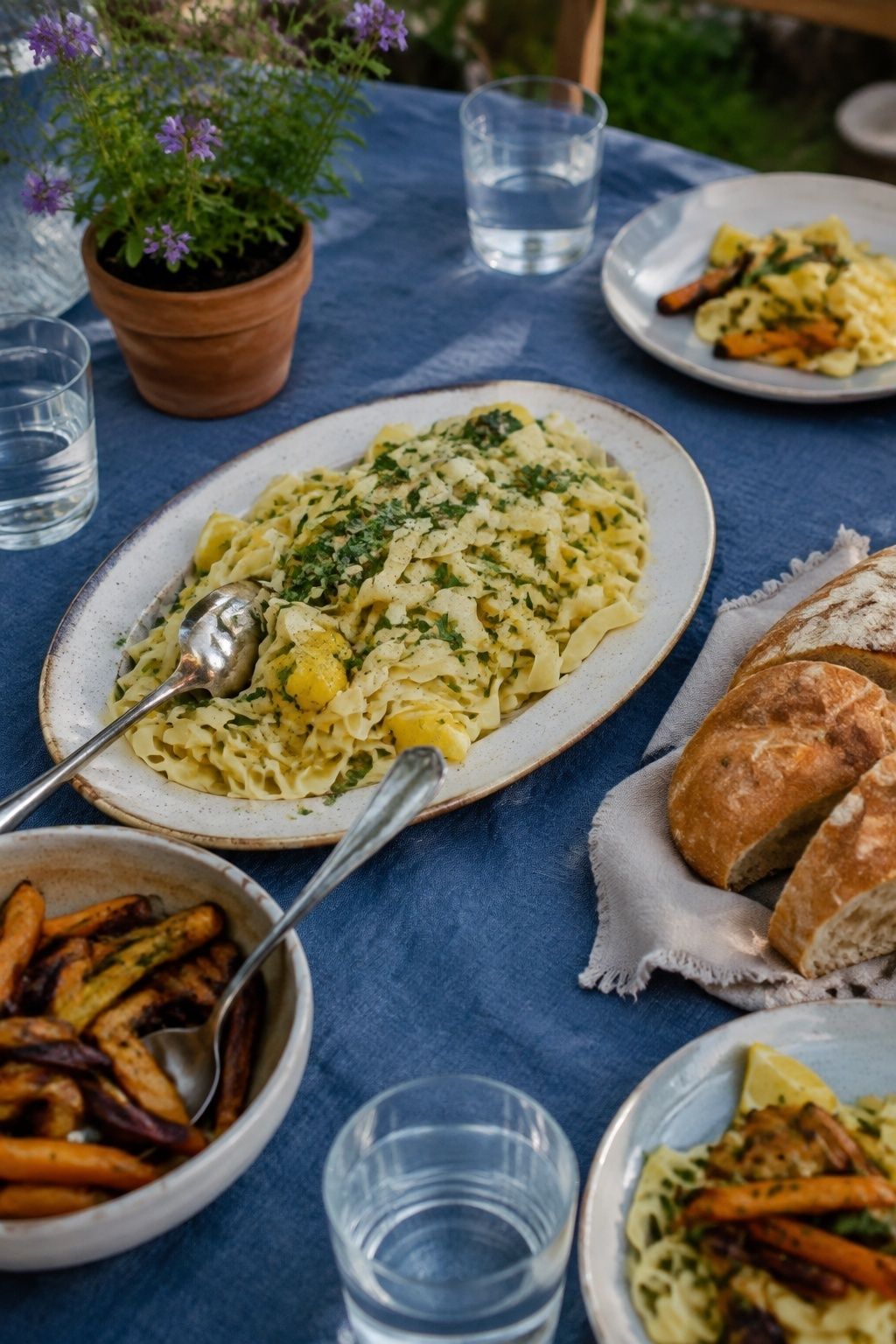 Family-style pasta, vegetables and bread served at an intimate wedding.