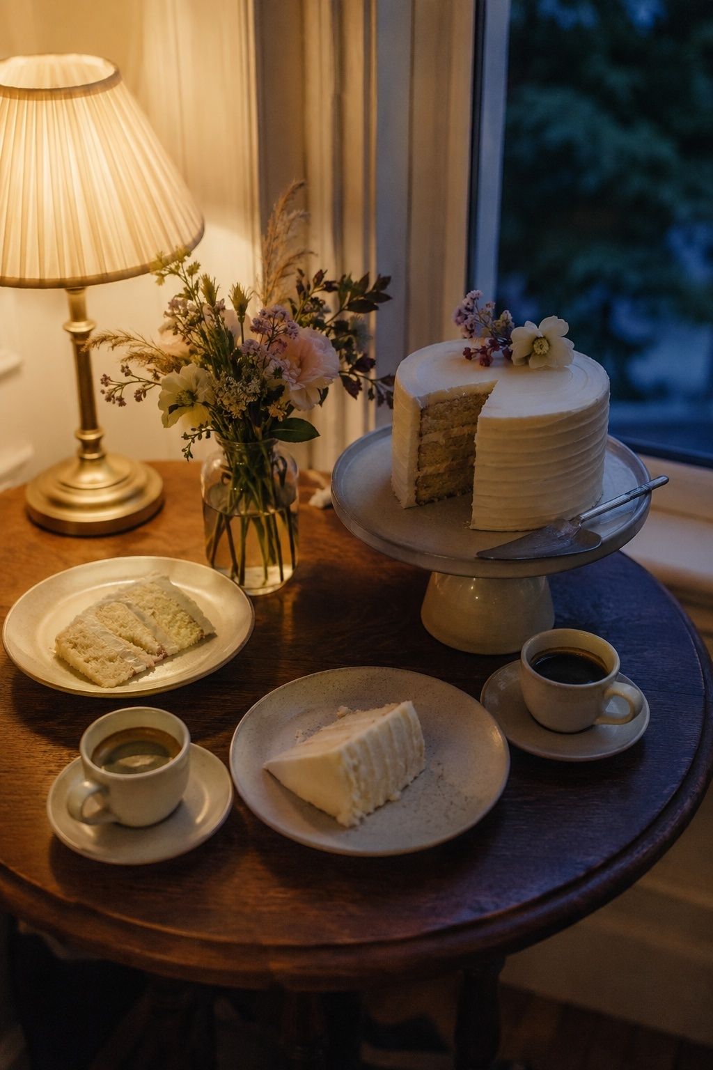 Espresso and wedding cake prepared for a quiet end to the reception.