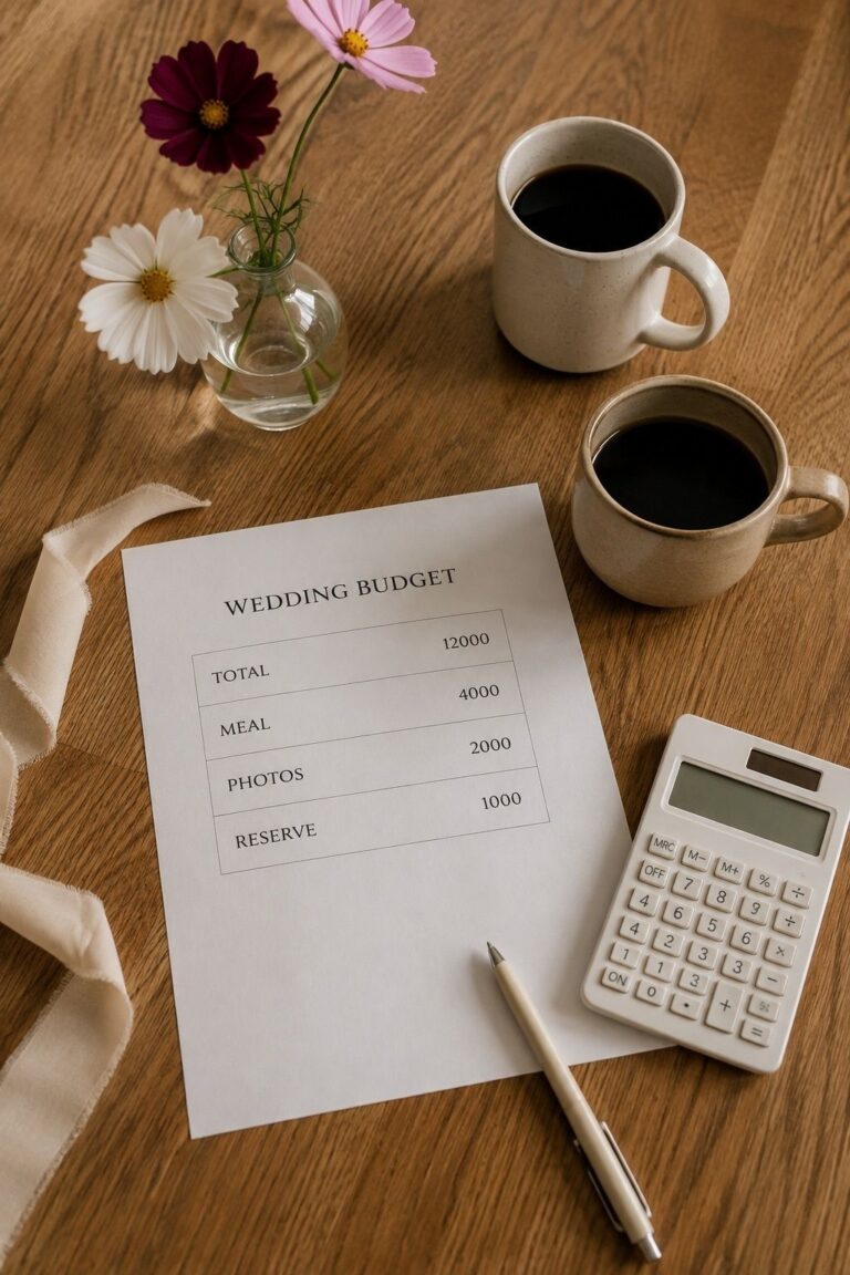 Wedding budget worksheet with a reserve amount, calculator and coffee on a kitchen table.