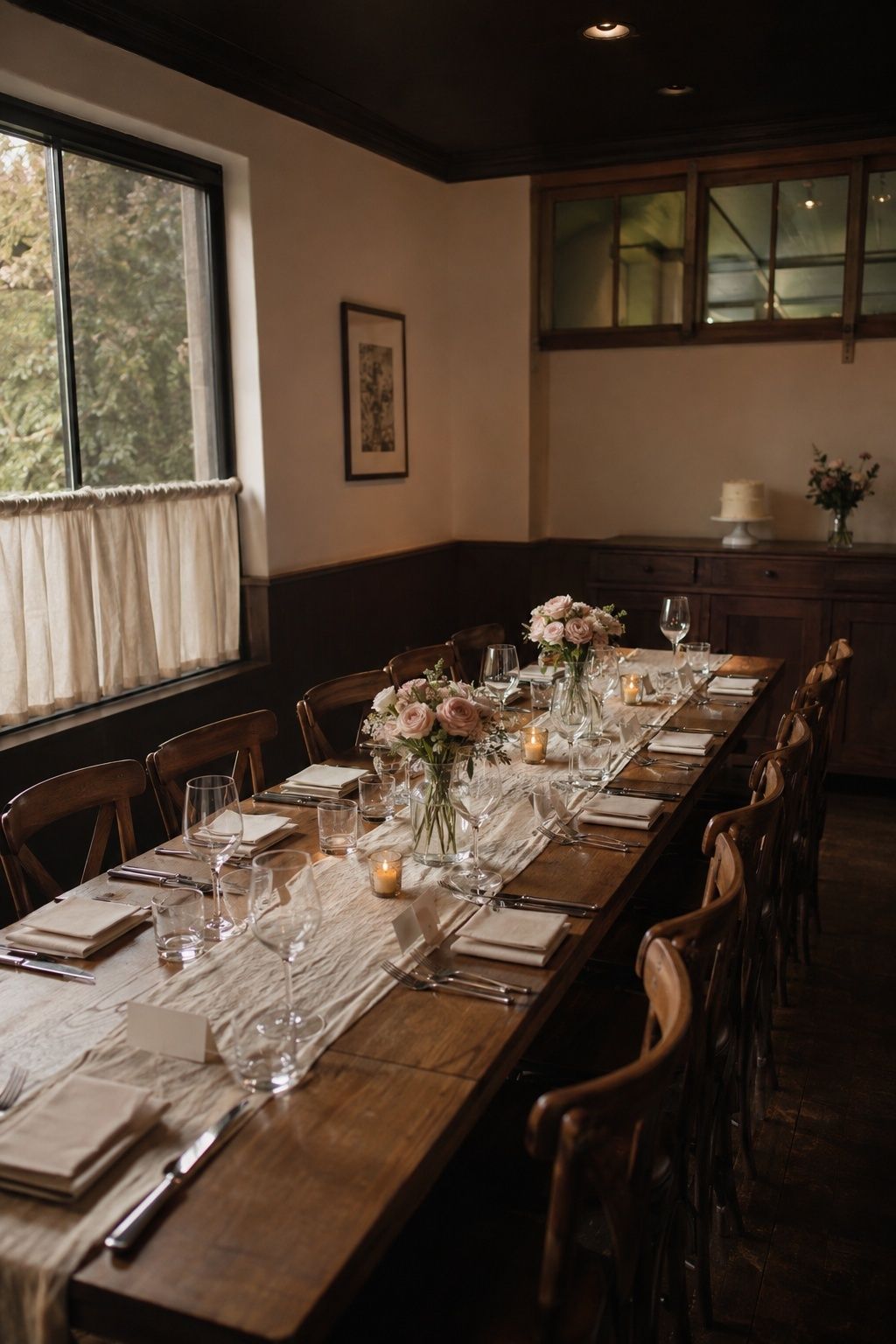 An intimate restaurant table with small rose arrangements and a tiny celebration cake