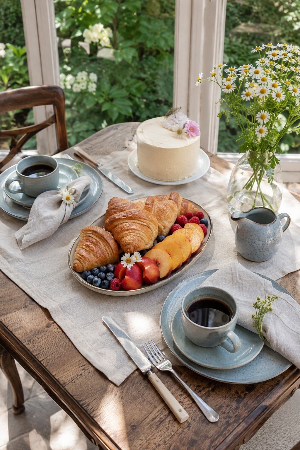 A conservatory brunch setting with croissants, fruit, coffee, and a small wedding cake
