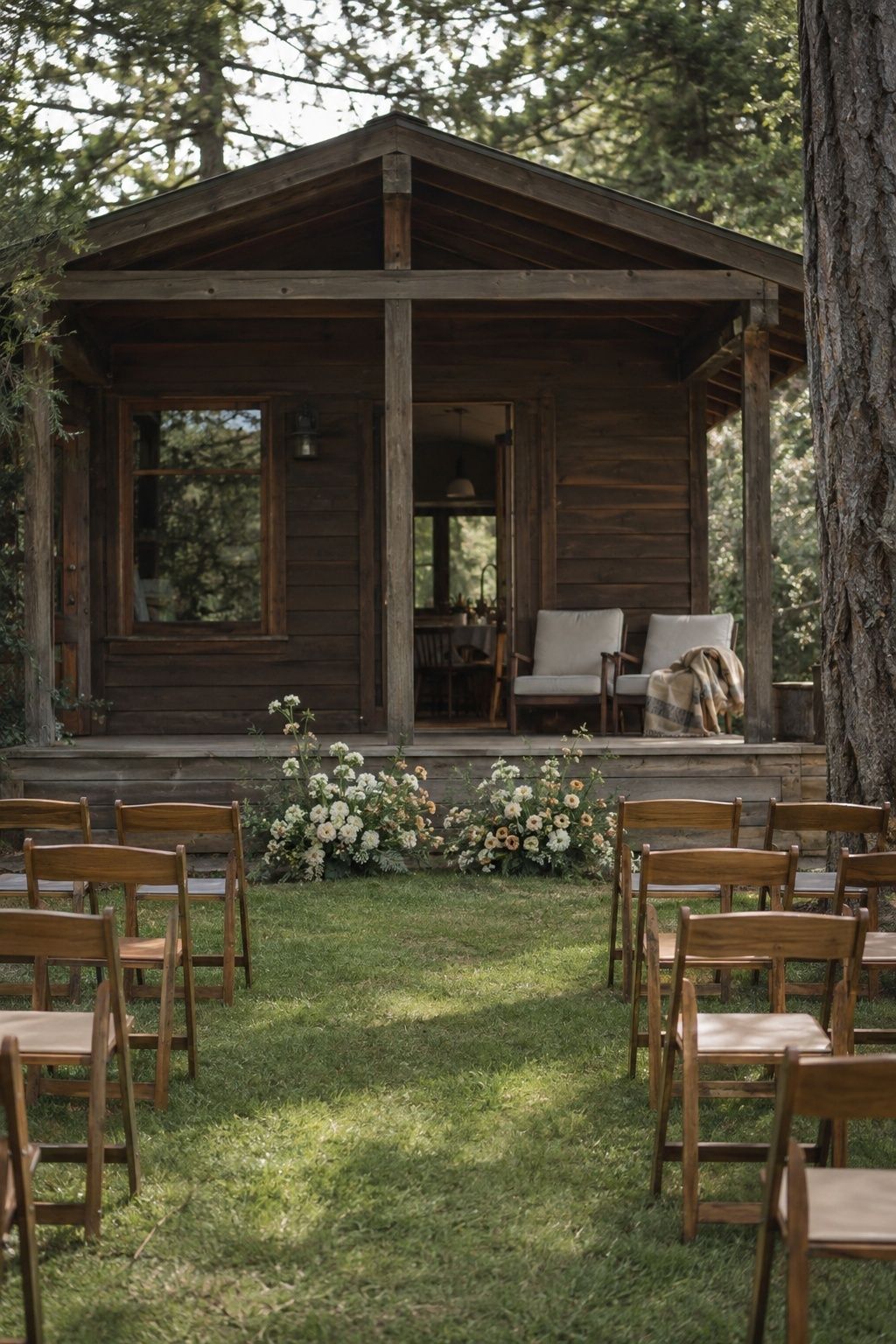 A modest cabin porch with resting chairs, an indoor supper table, and intimate outdoor ceremony seating