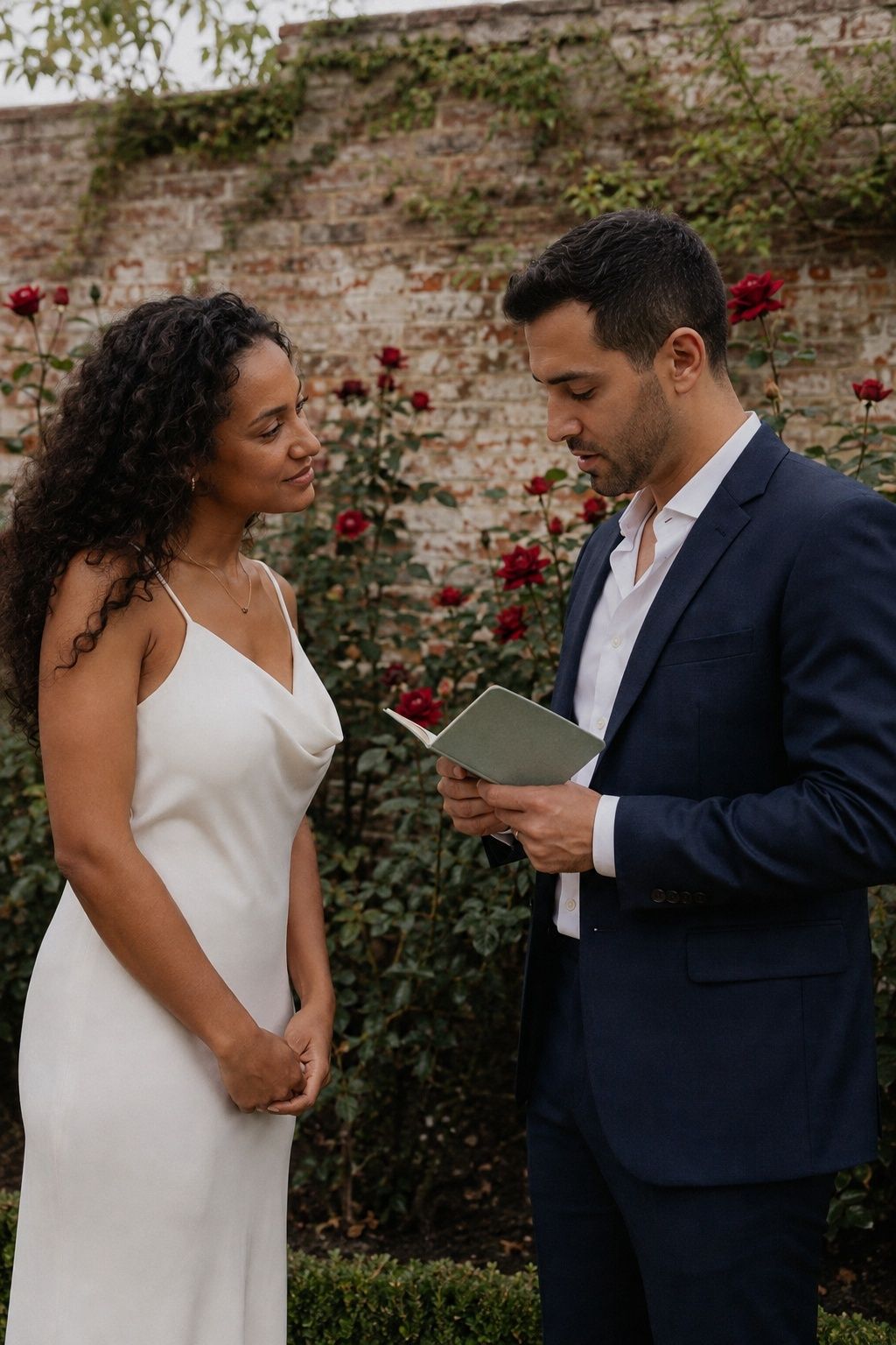 A couple quietly exchanging personal vows using a linen vow book in a walled garden