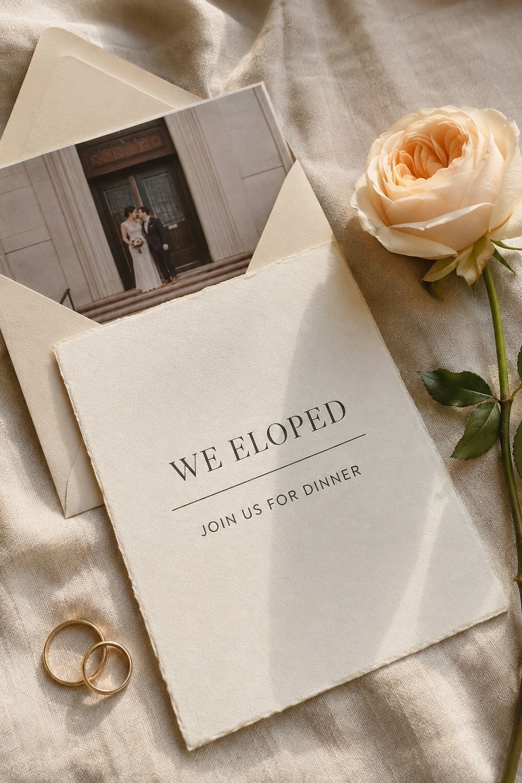 Post-elopement dinner invitation with clear joyful wording