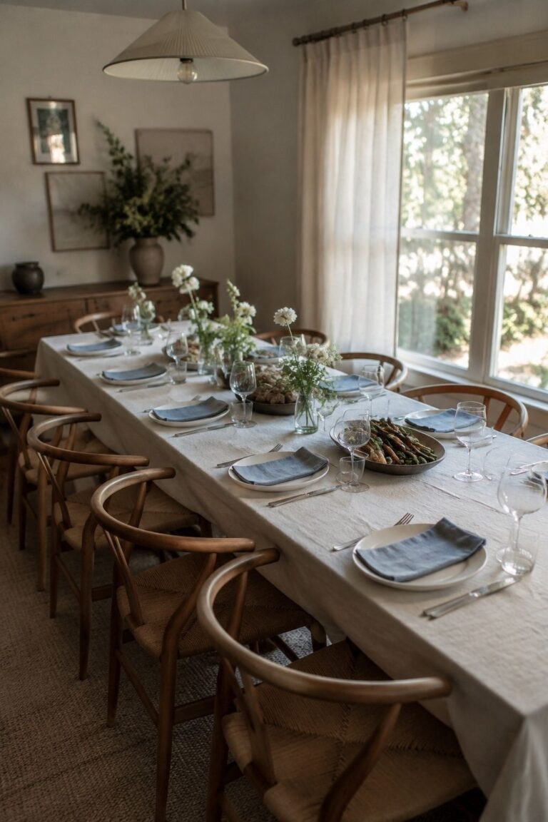 Intimate seated wedding dinner with blue napkins, low flowers and family-style food