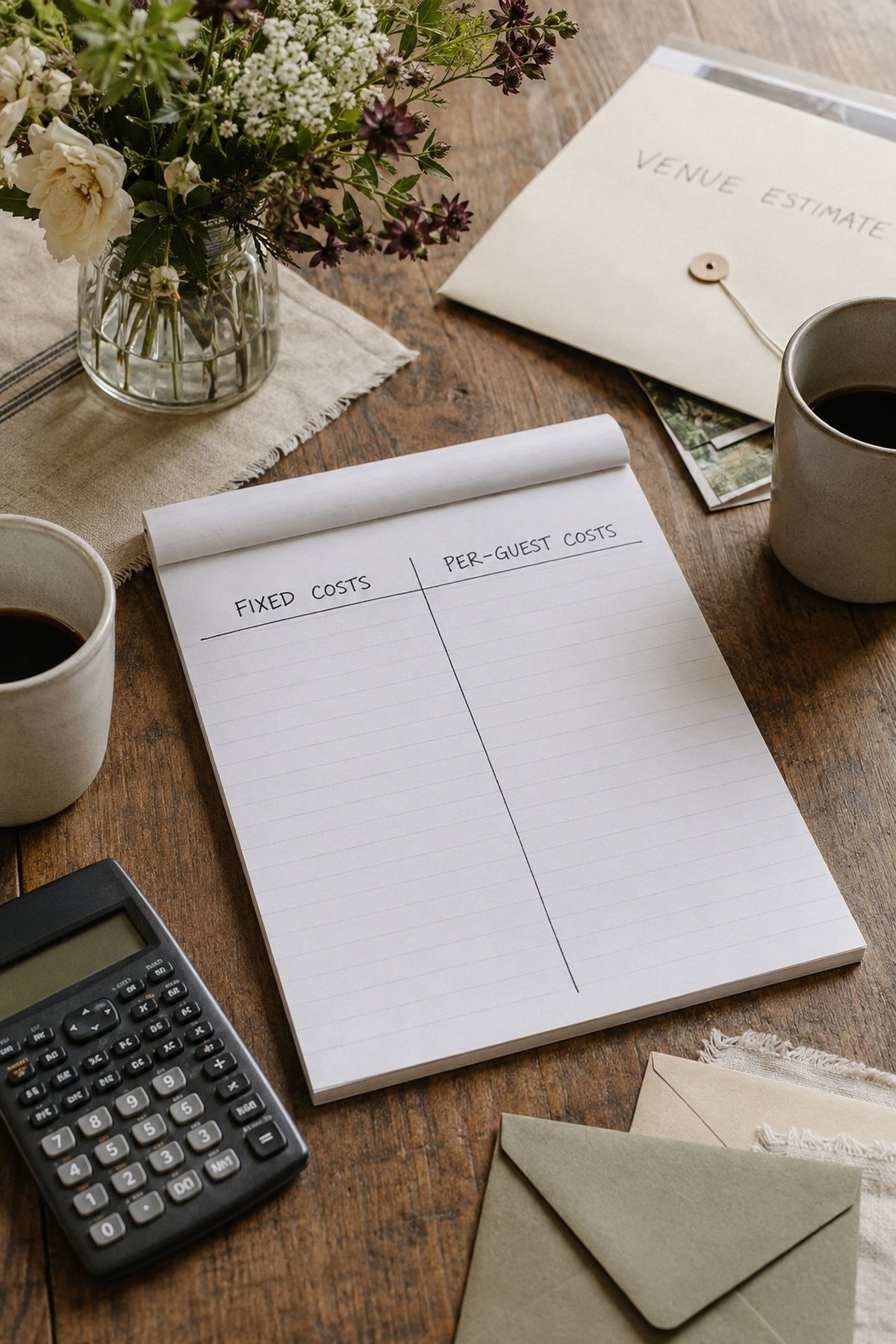 Budget notes separating fixed costs from per-guest costs