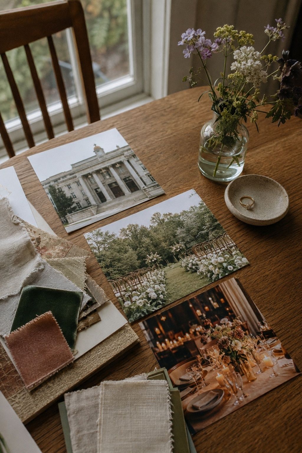 Courthouse garden and intimate dinner wedding ideas on a planning table