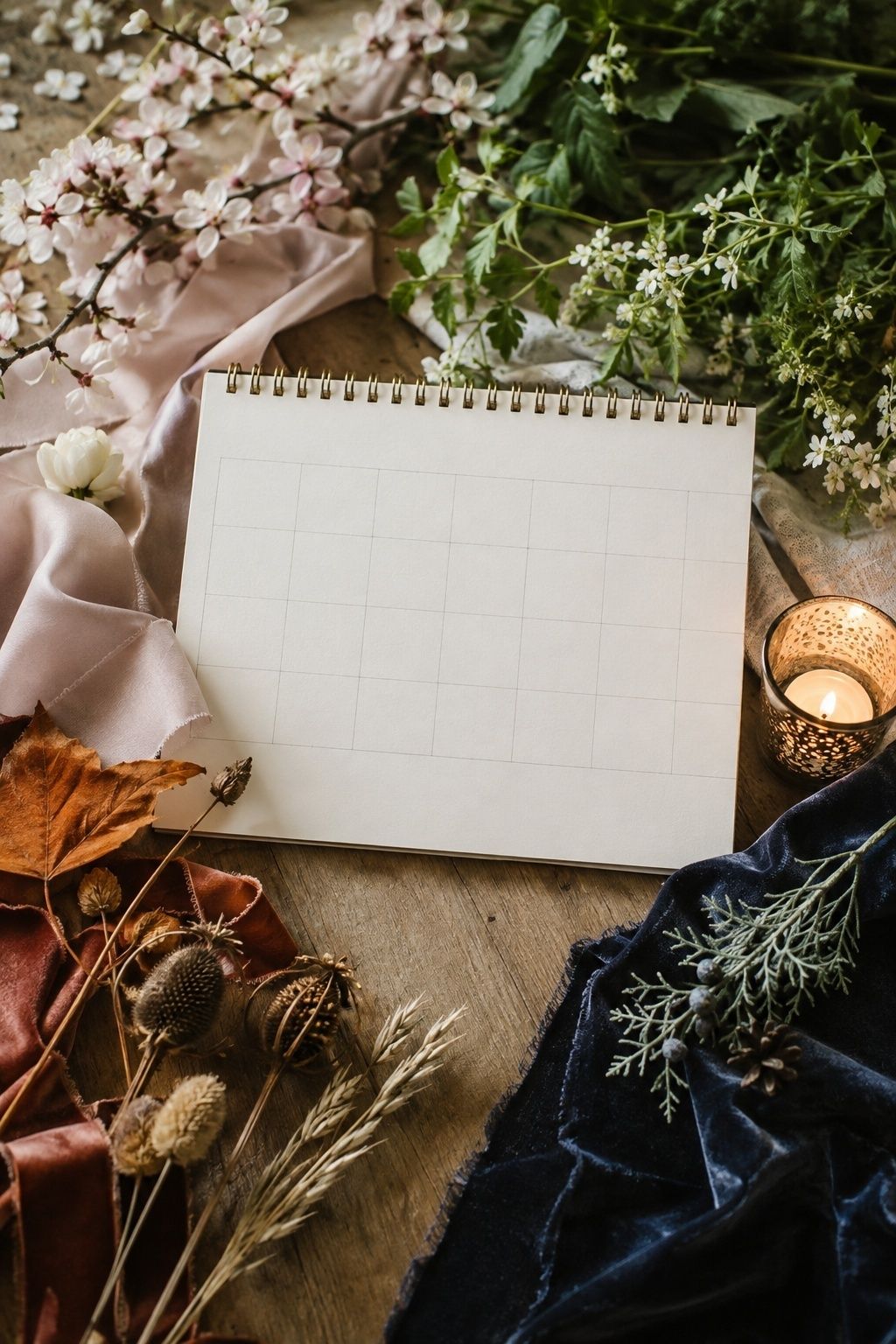 Blank wedding calendar with spring summer autumn and winter planning materials