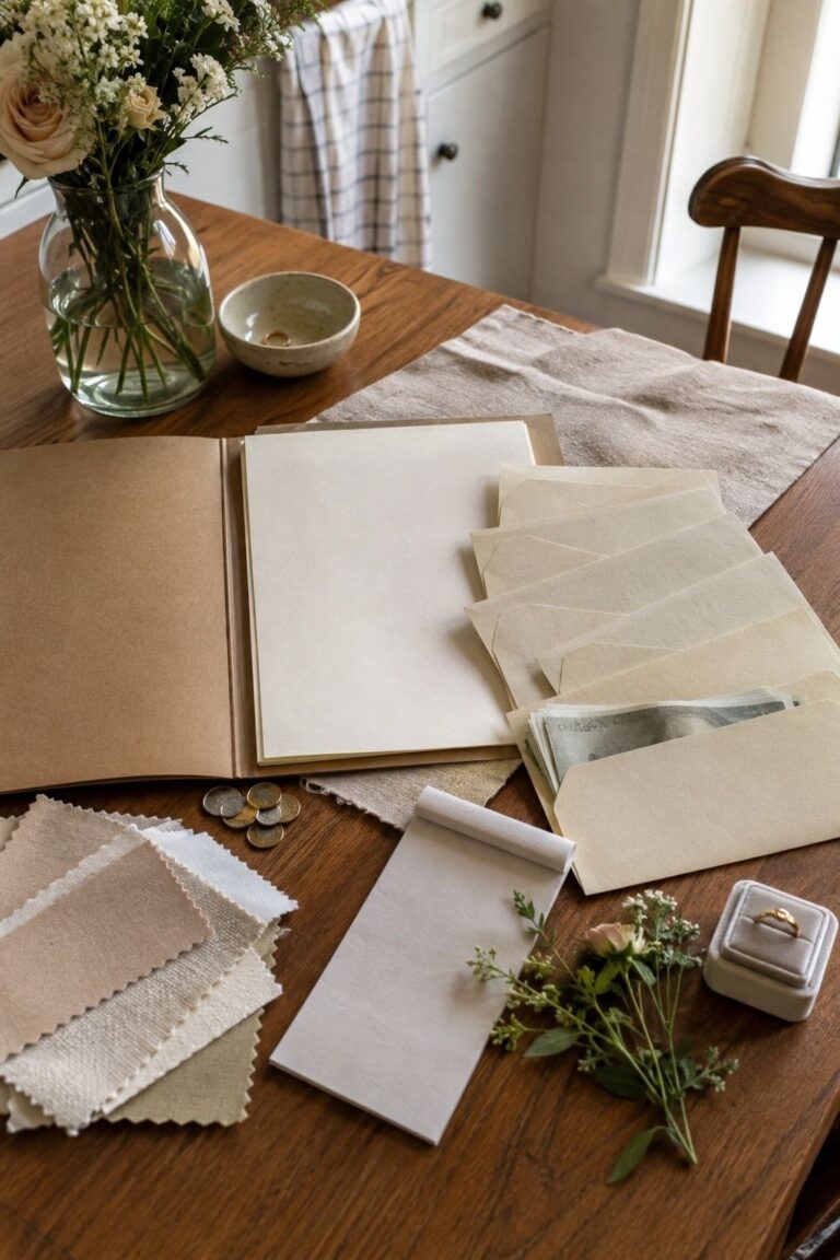 Wedding budget planning table with contribution envelopes, venue folder, linen samples, and rings
