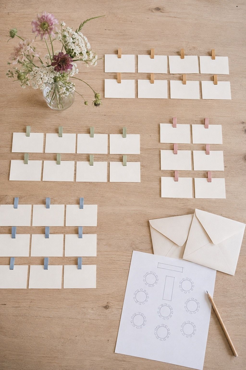 Blank guest cards grouped by ribbon color beside invitations and a simple wedding seating sketch
