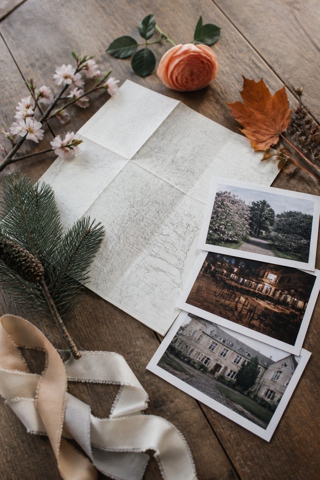 Seasonal flowers and foliage arranged around a blank map and three small wedding venue photographs