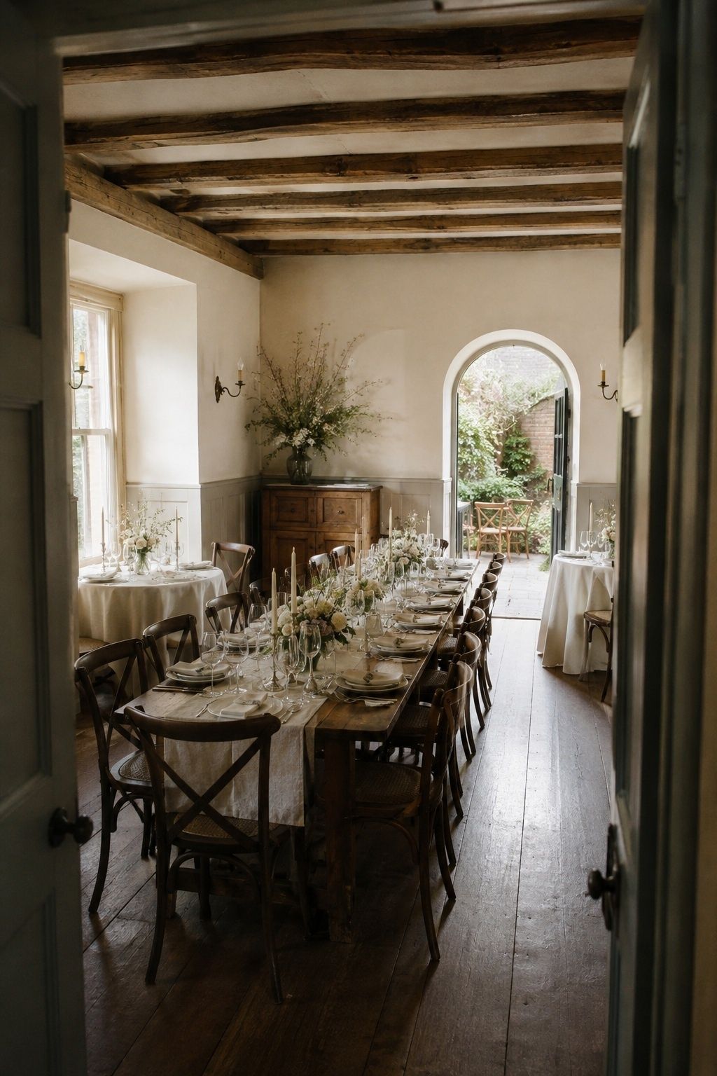 Compact historic inn dining room prepared for an intimate wedding with a courtyard beyond