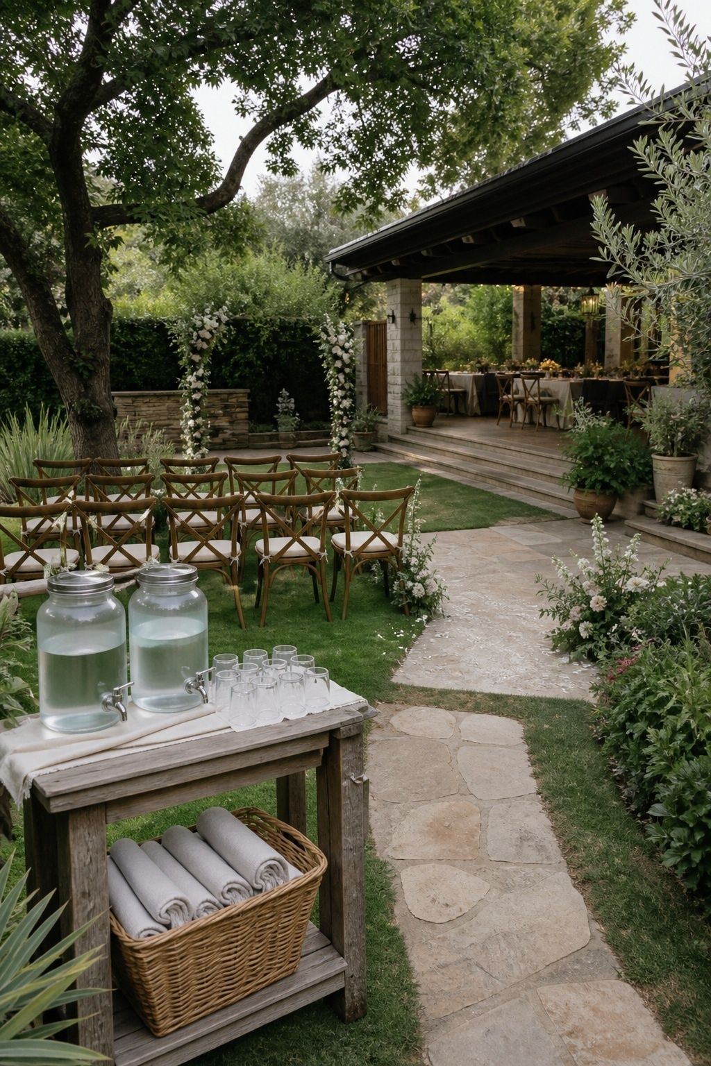 Small garden ceremony with shade, water, blankets, an accessible path, and covered dinner terrace