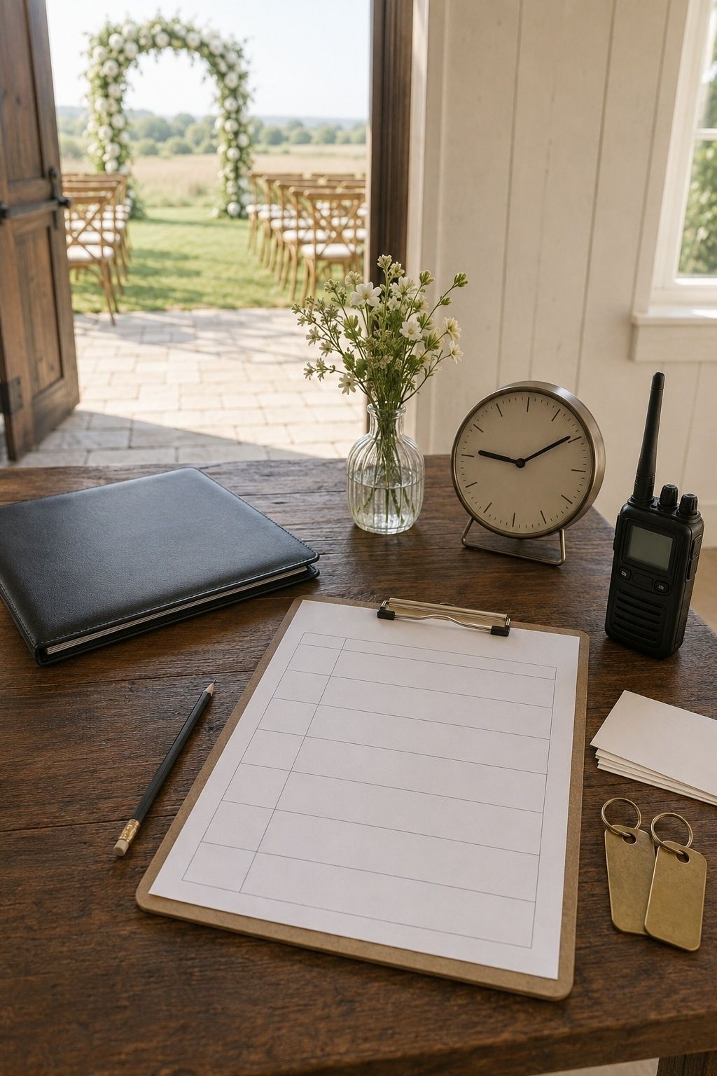 Wedding coordinator handoff table with a timeline clipboard, clock, radio, key tags, and vendor folder