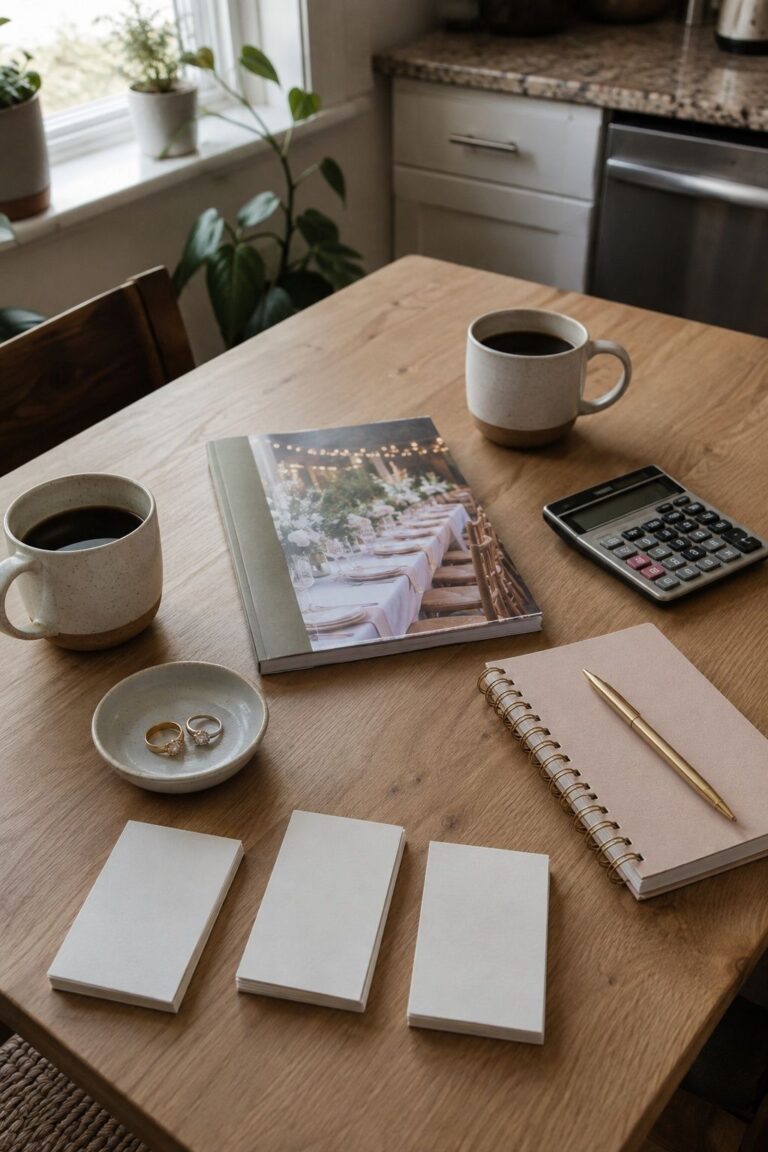 Wedding planning table with rings, budget notebook, calculator, and guest-count cards for setting early boundaries