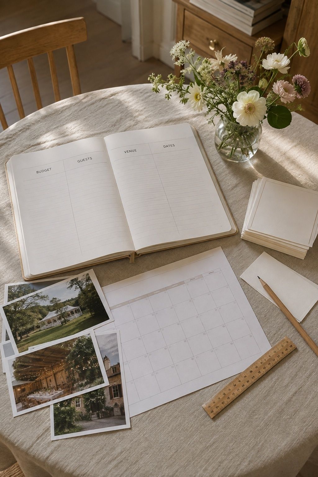 One-year wedding budget, guest ceiling, venue, and date planning table