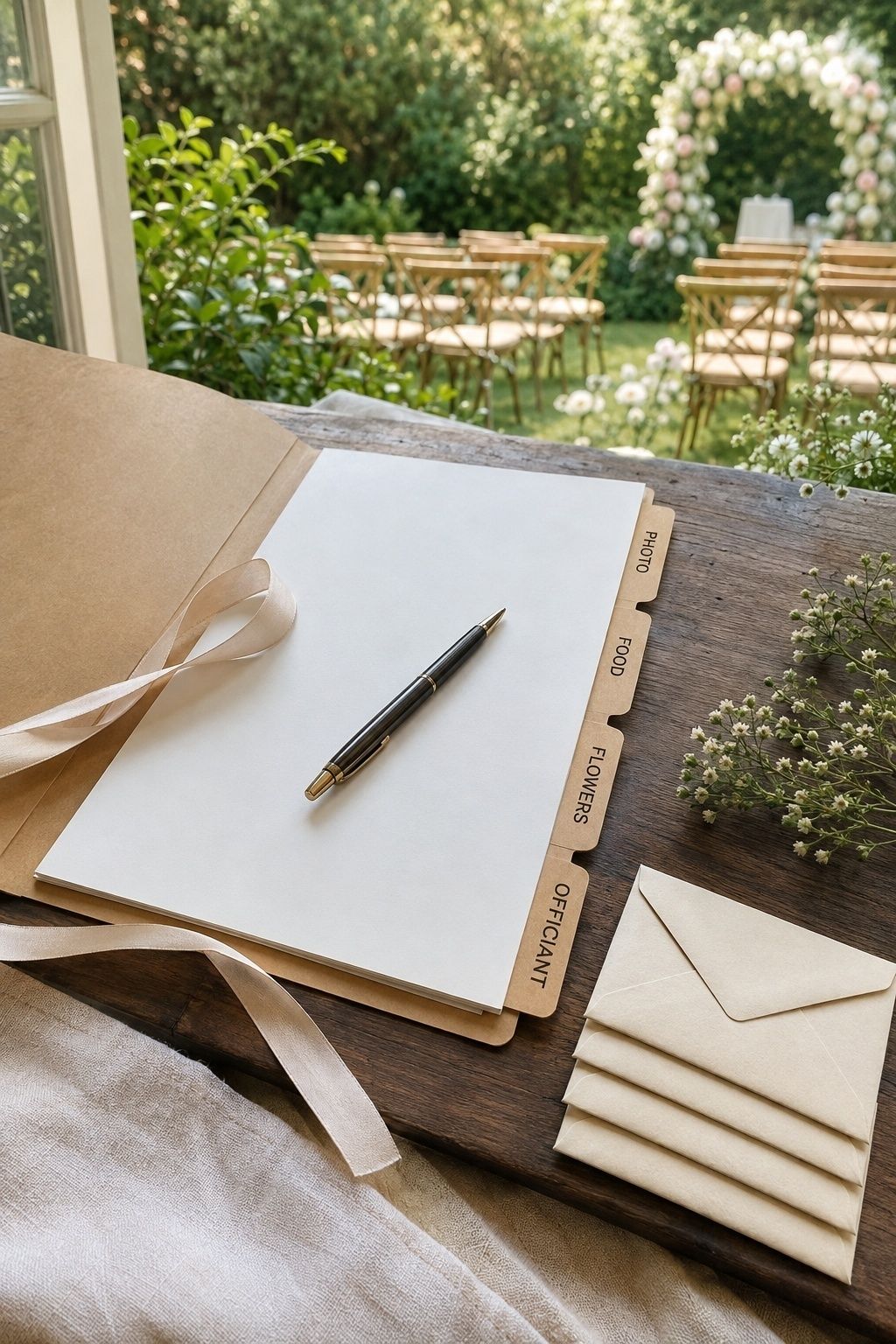 Wedding vendor planning folder for photography, food, flowers, and officiant
