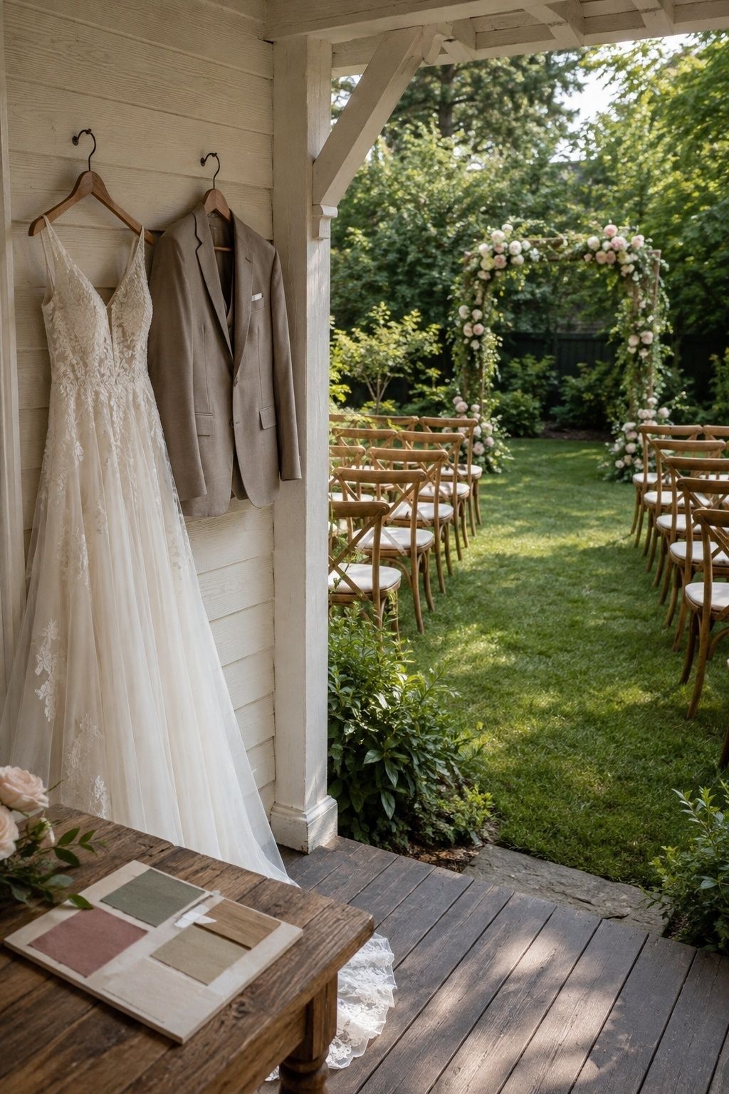 Wedding attire, palette, and intimate garden ceremony planning