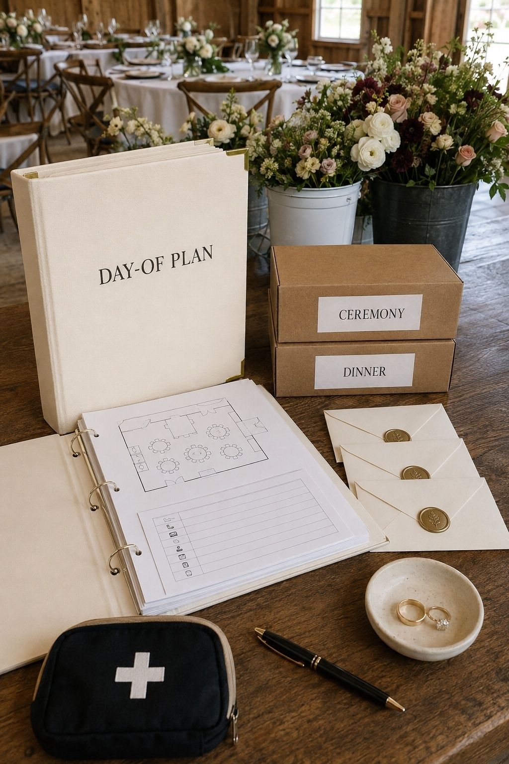 Day-of wedding handoff binder, ceremony boxes, and vendor setup details