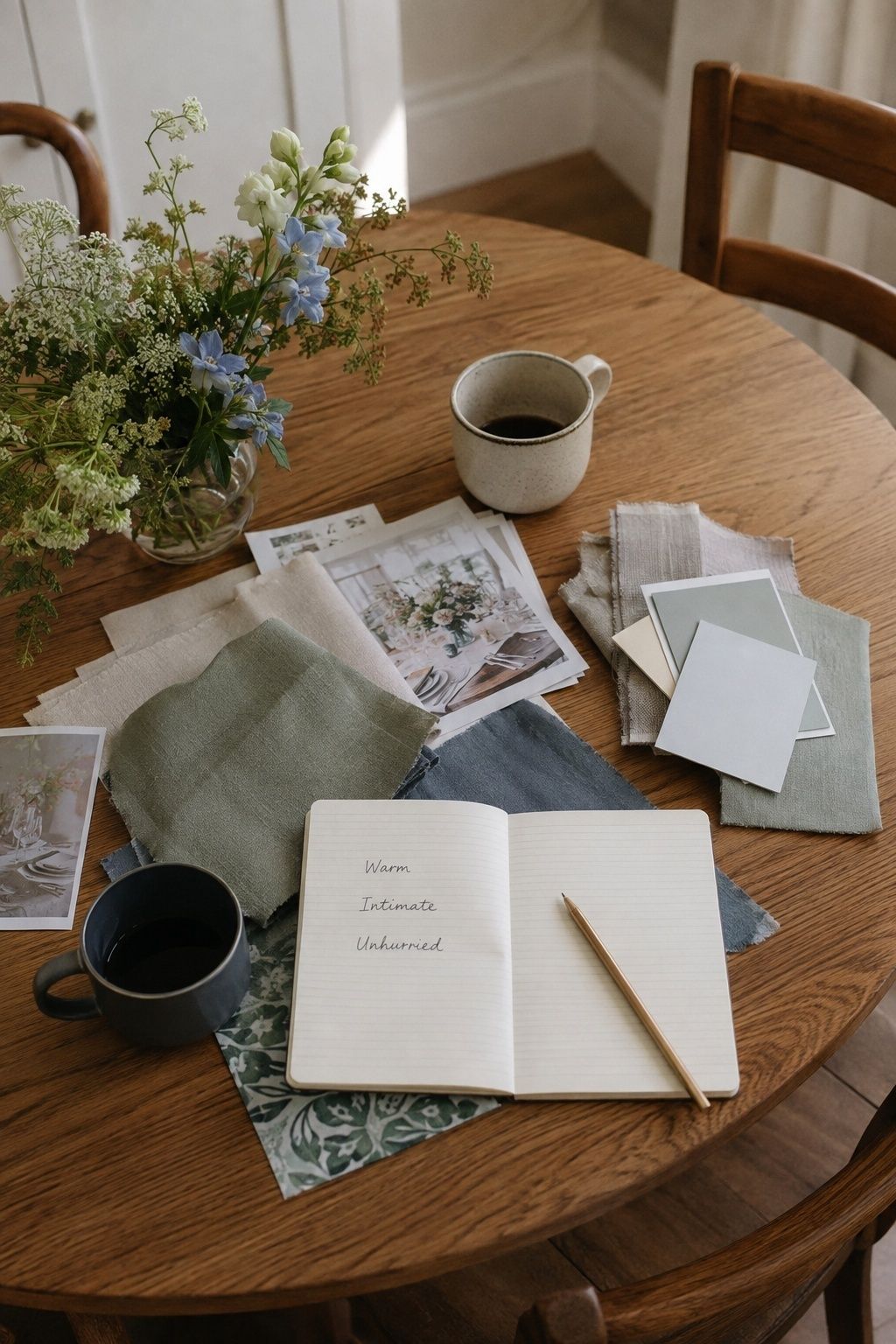 Wedding planning notebook with feeling words and fabric swatches