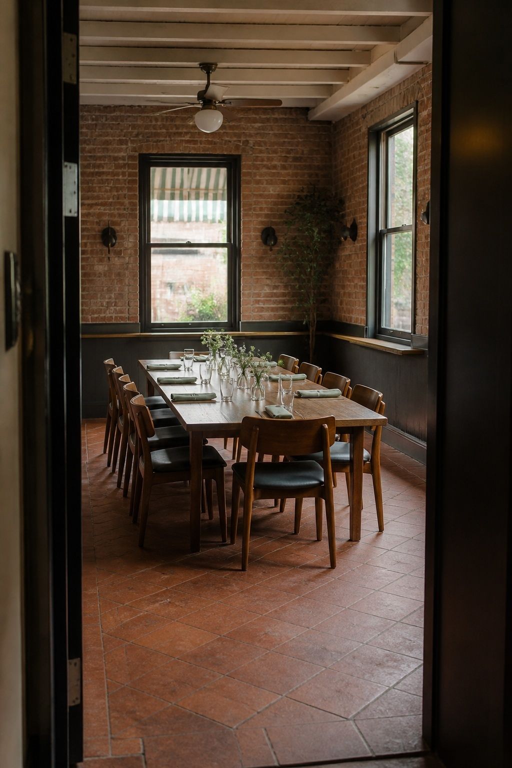 Intimate restaurant wedding venue with one long table