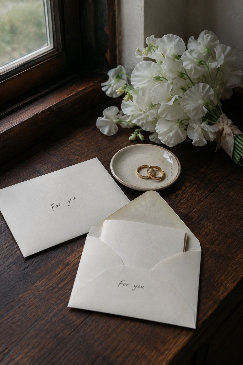 Private ceremony letters beside gold wedding bands