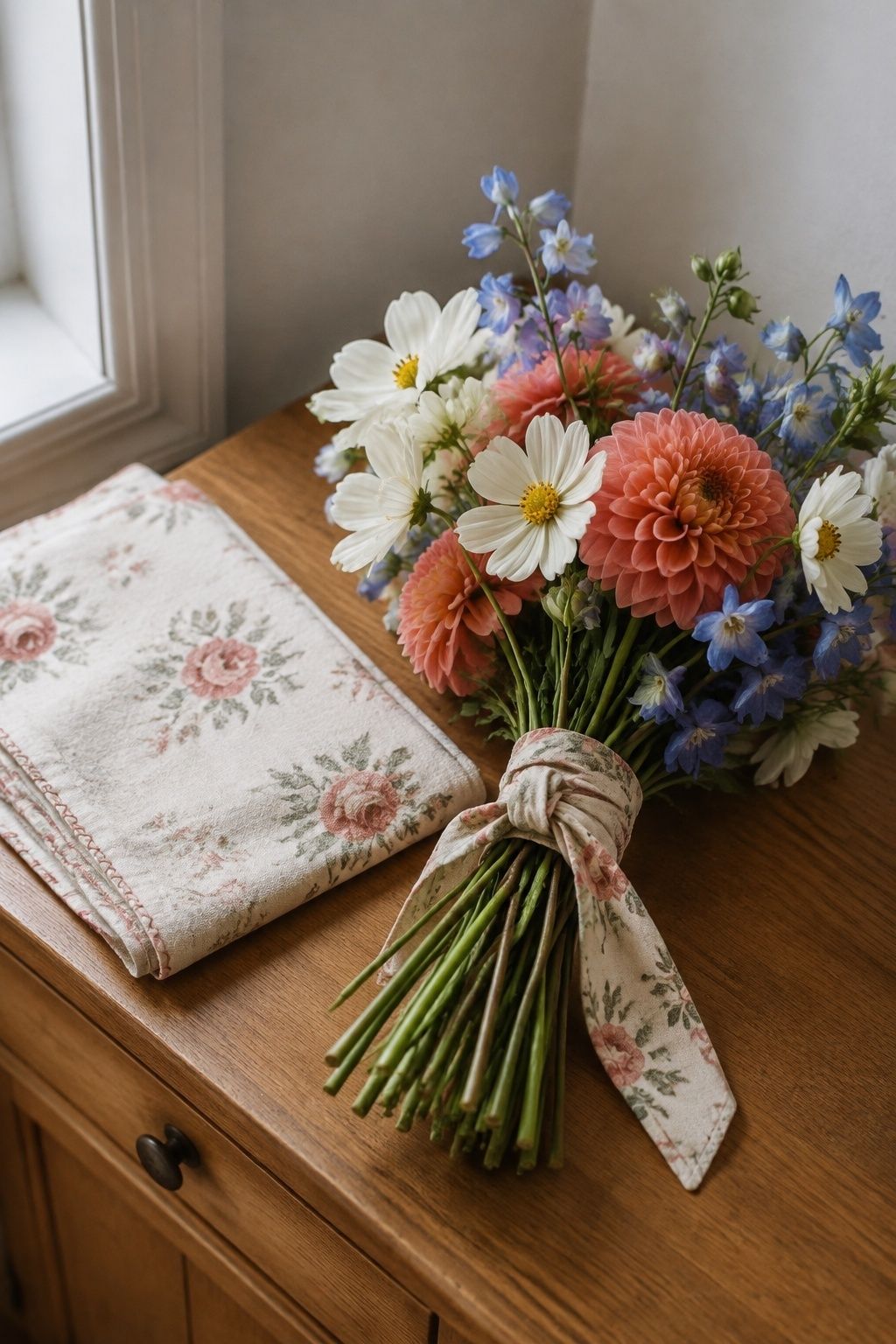 Wedding bouquet wrapped in floral family tablecloth fabric