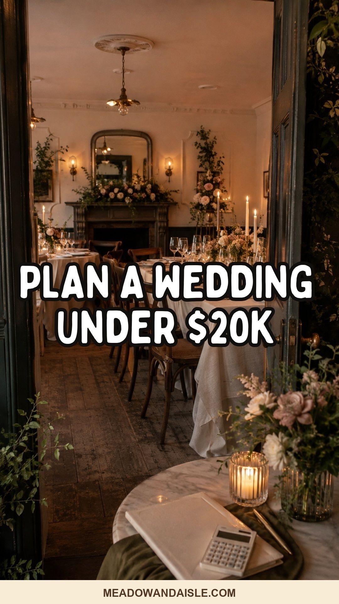 Plan a wedding under $20K Pinterest pin with an intimate restaurant wedding background