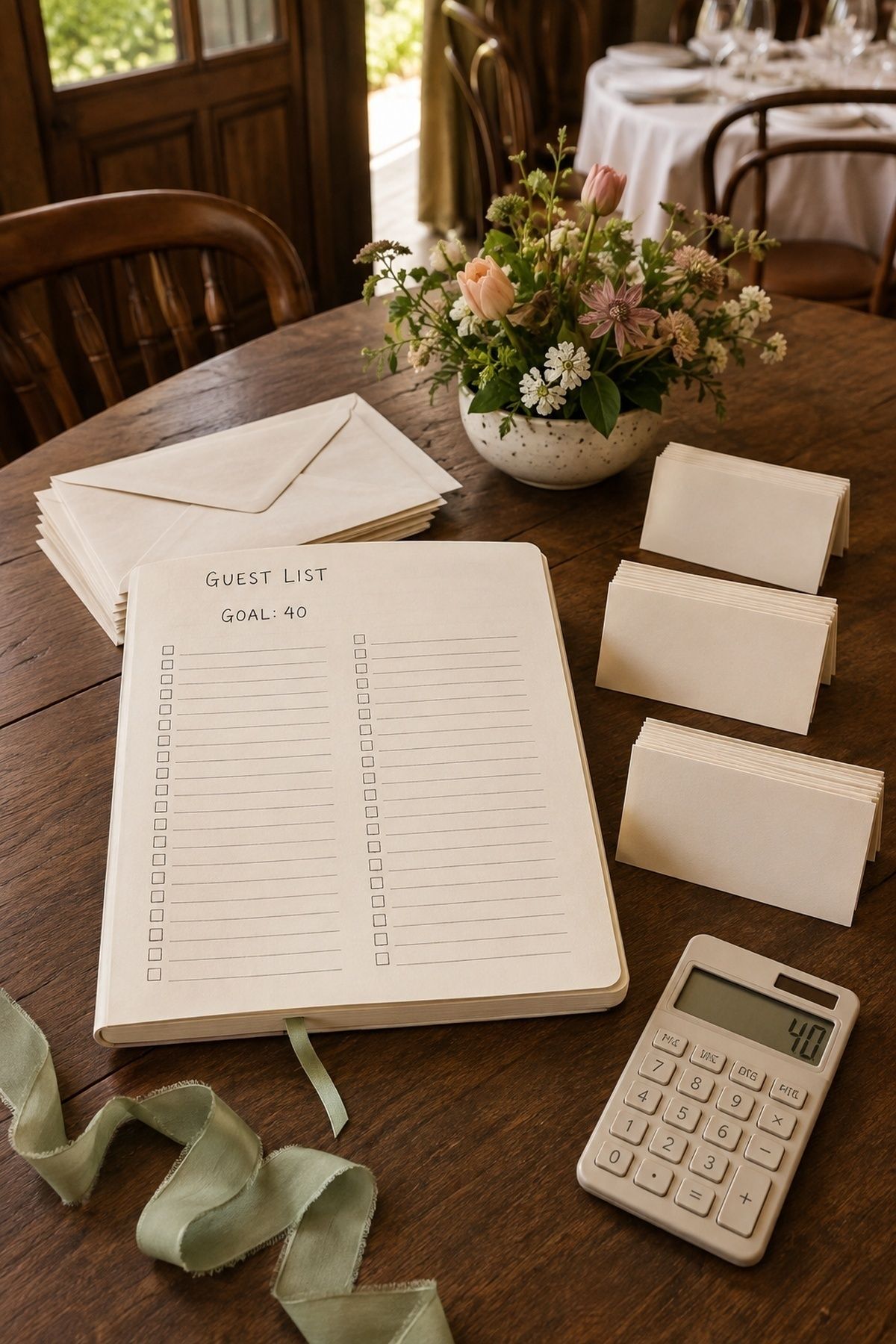 A guest-list notebook showing a firm 40-person goal, grouped place cards, invitation envelopes, calculator, linen ribbon, and seasonal flowers on a warm restaurant table. for a wedding under $20,000