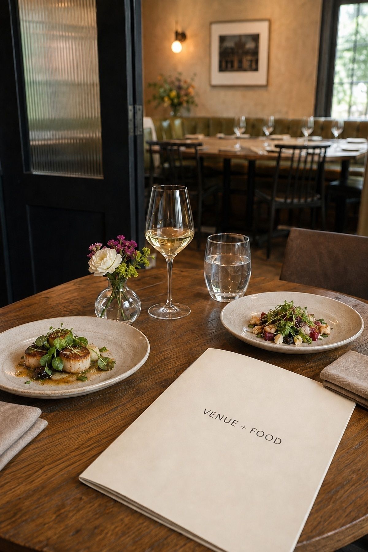 A real private-room tasting table with two modest plated dishes, plausible glassware, calculator, bud vase, and a cream VENUE + FOOD estimate folder. for a wedding under $20,000