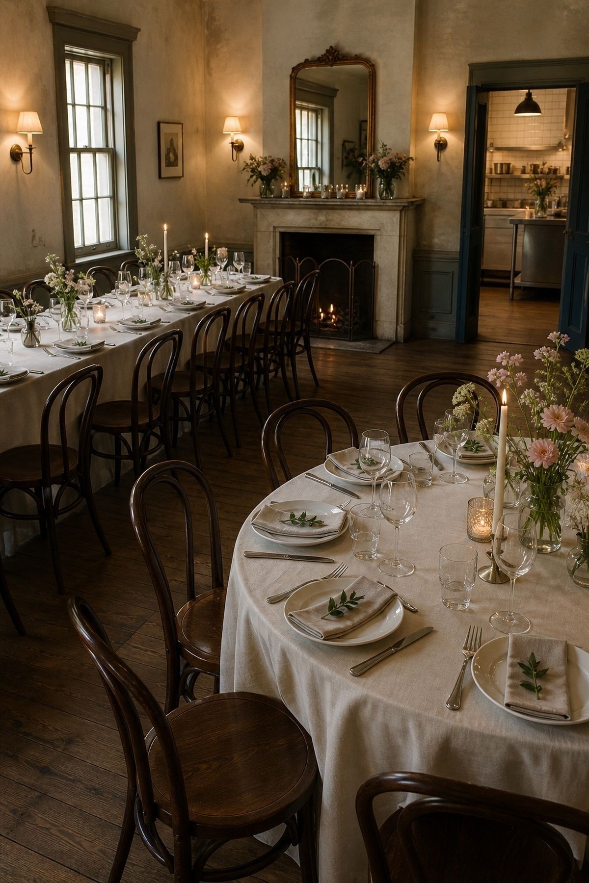 A prepared 36-guest private dining room with included tables, bentwood chairs, linen, correct place settings, warm wall lights, fireplace, clear aisle, modest flowers, and visible catering access. for a wedding under $20,000