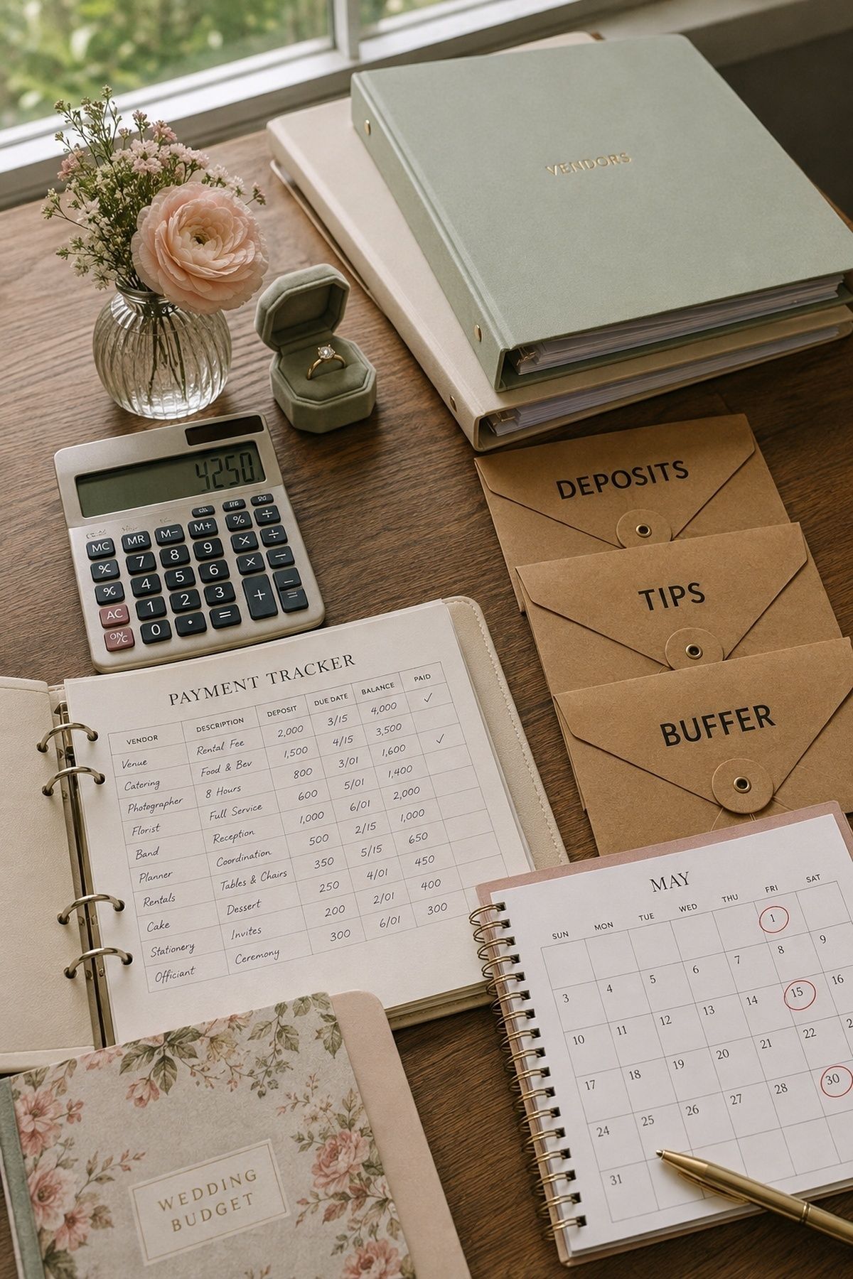 An organized payment-tracker binder with calculator, calendar, vendor binders, ring box, and three correctly labeled kraft envelopes: DEPOSITS, TIPS, and BUFFER. for a wedding under $20,000
