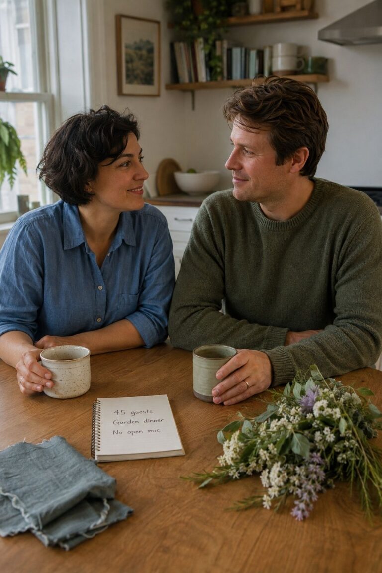 Couple calmly agreeing on wedding priorities at their kitchen table