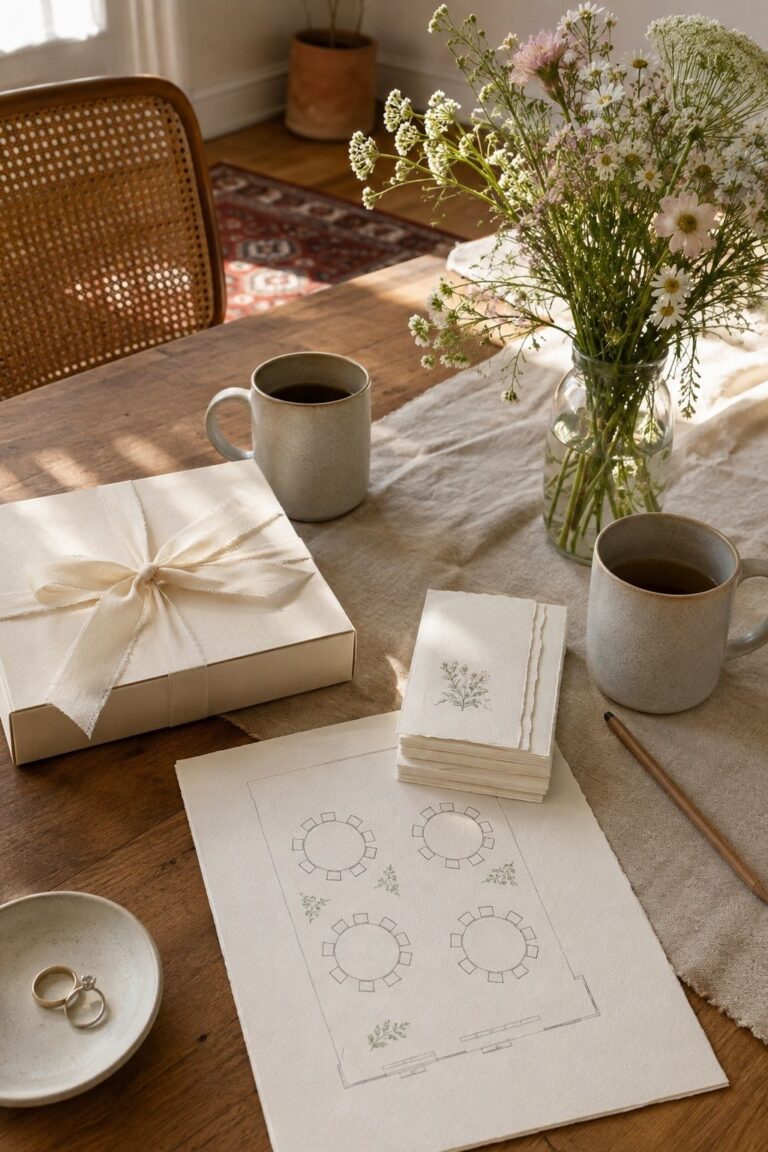Small wedding guest plan with four table groups and edited stationery