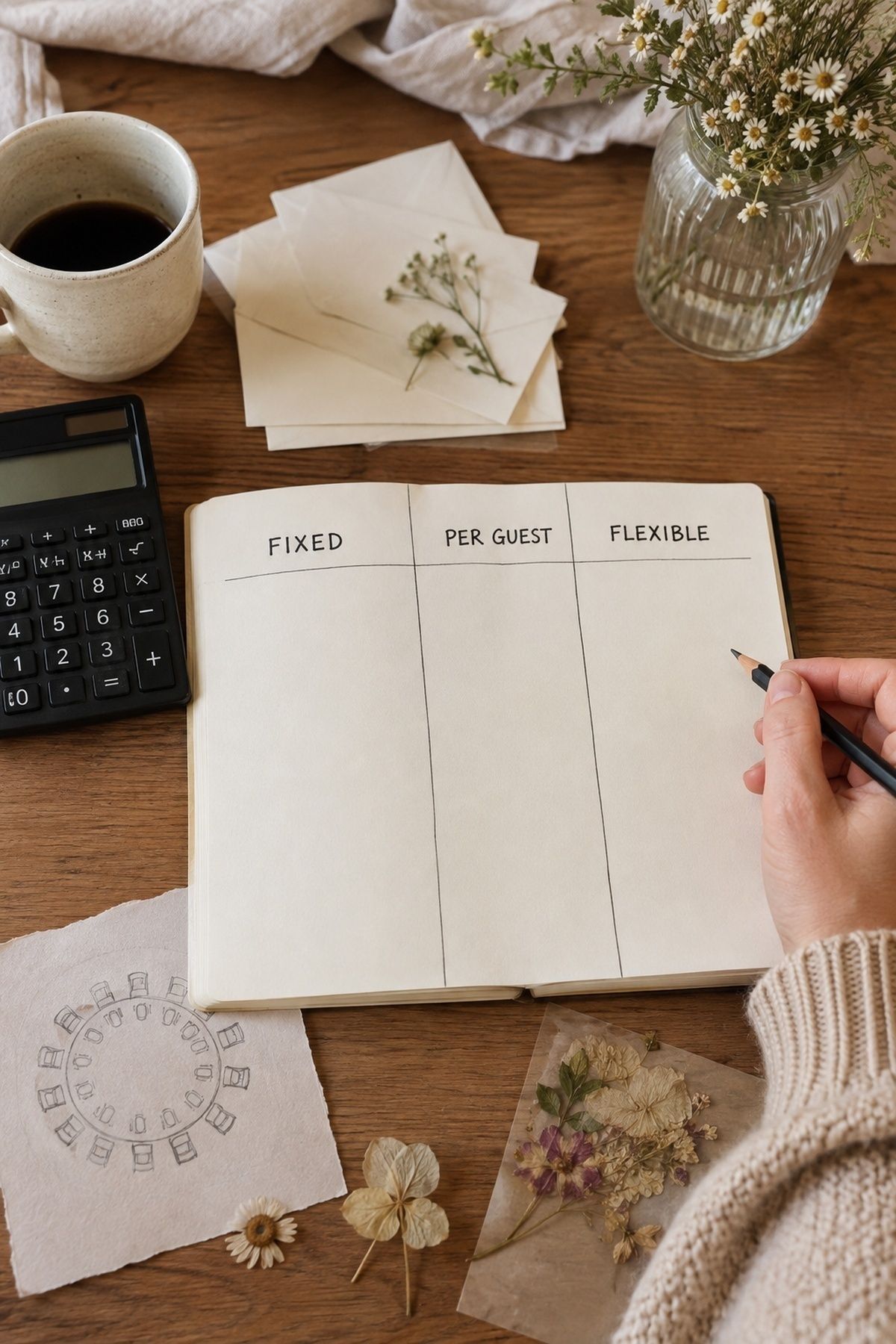 Wedding budget split into fixed, per-guest and flexible costs