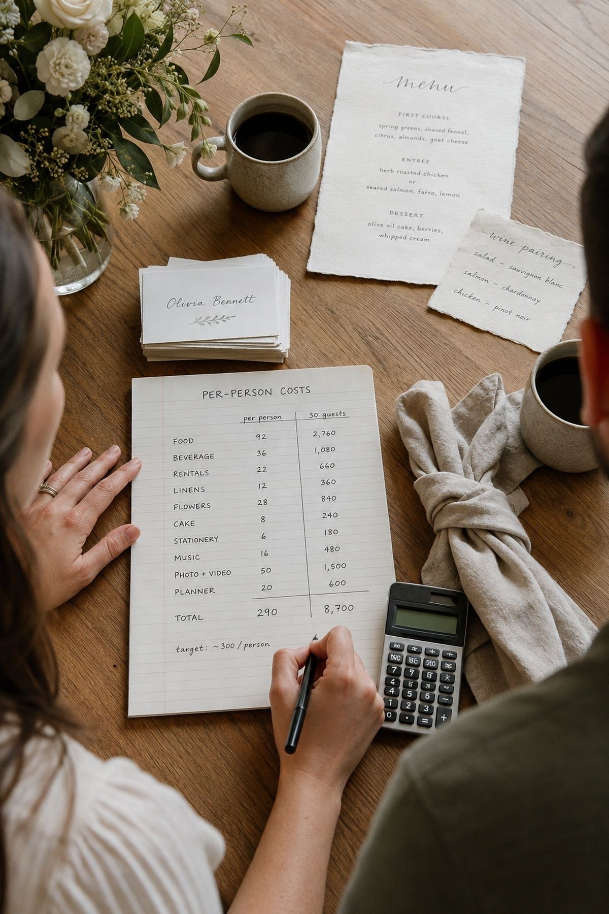 Per-person costs for a 30-guest wedding