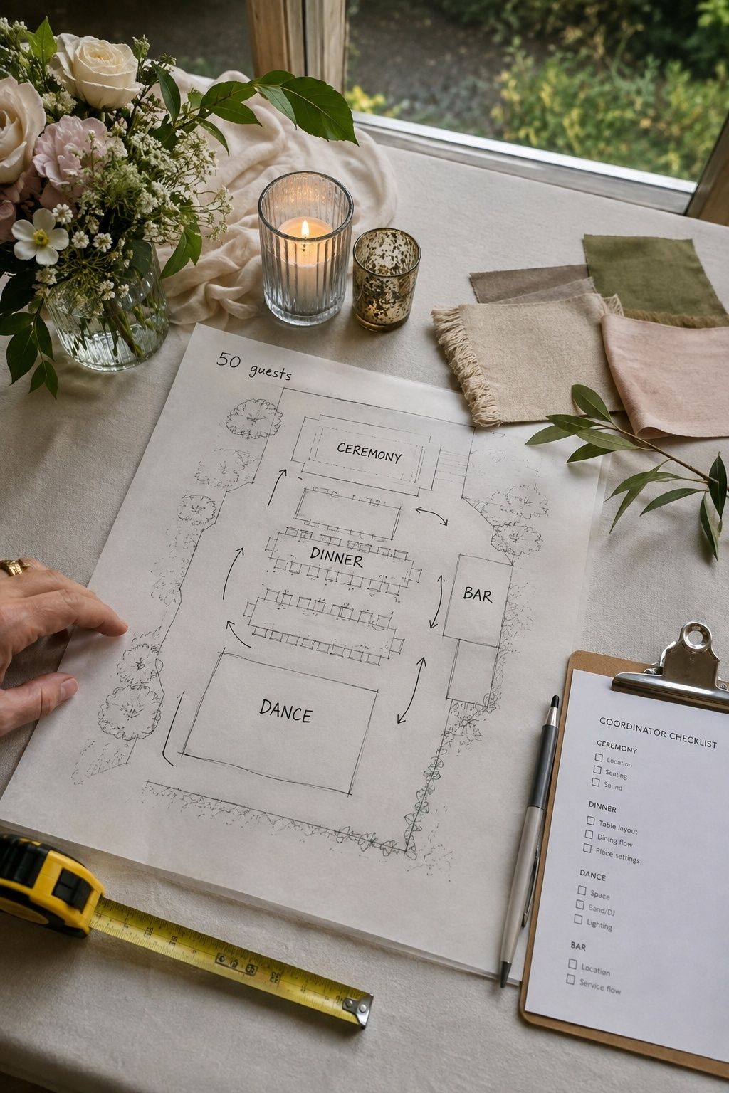 Dinner, ceremony and dancing flow for 50 guests