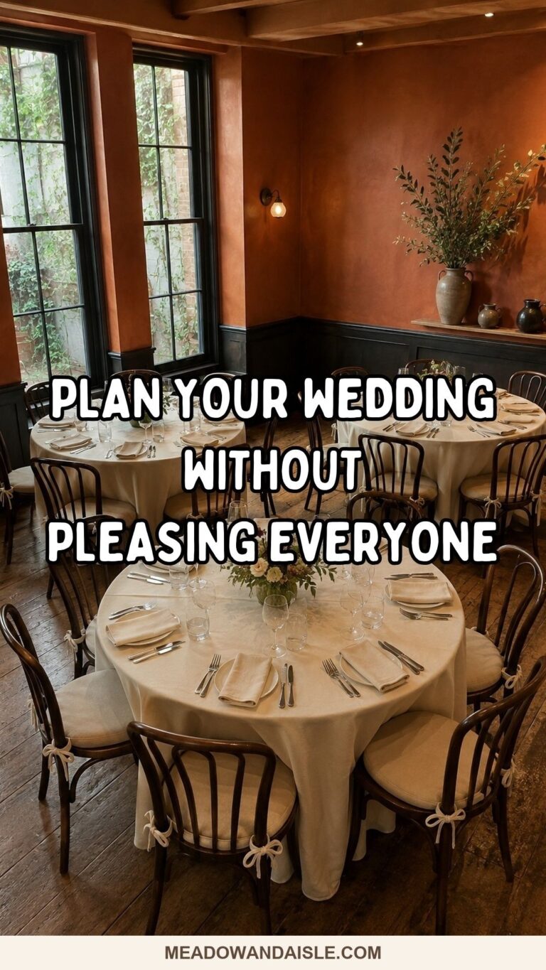 Plan your wedding without pleasing everyone Pinterest pin over an intimate reception room