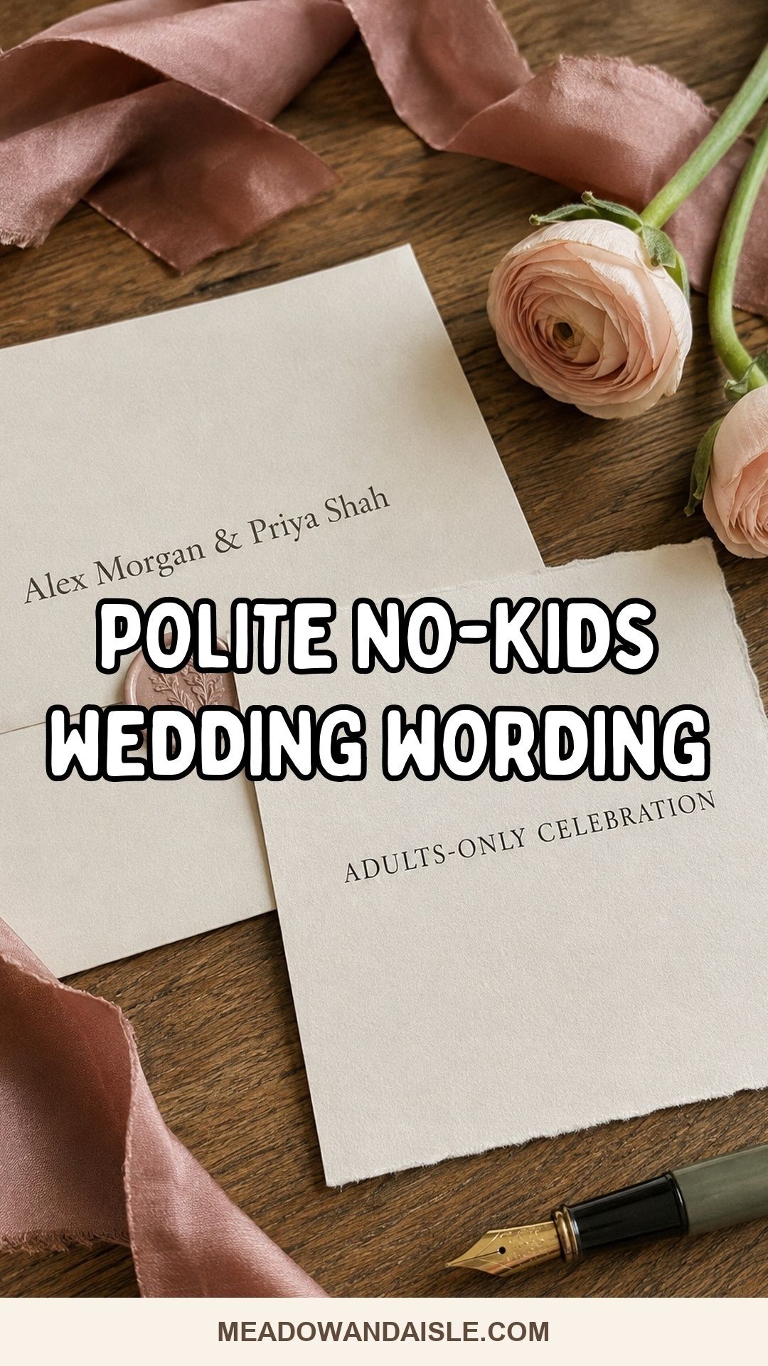 Pinterest pin for polite no-kids wedding wording