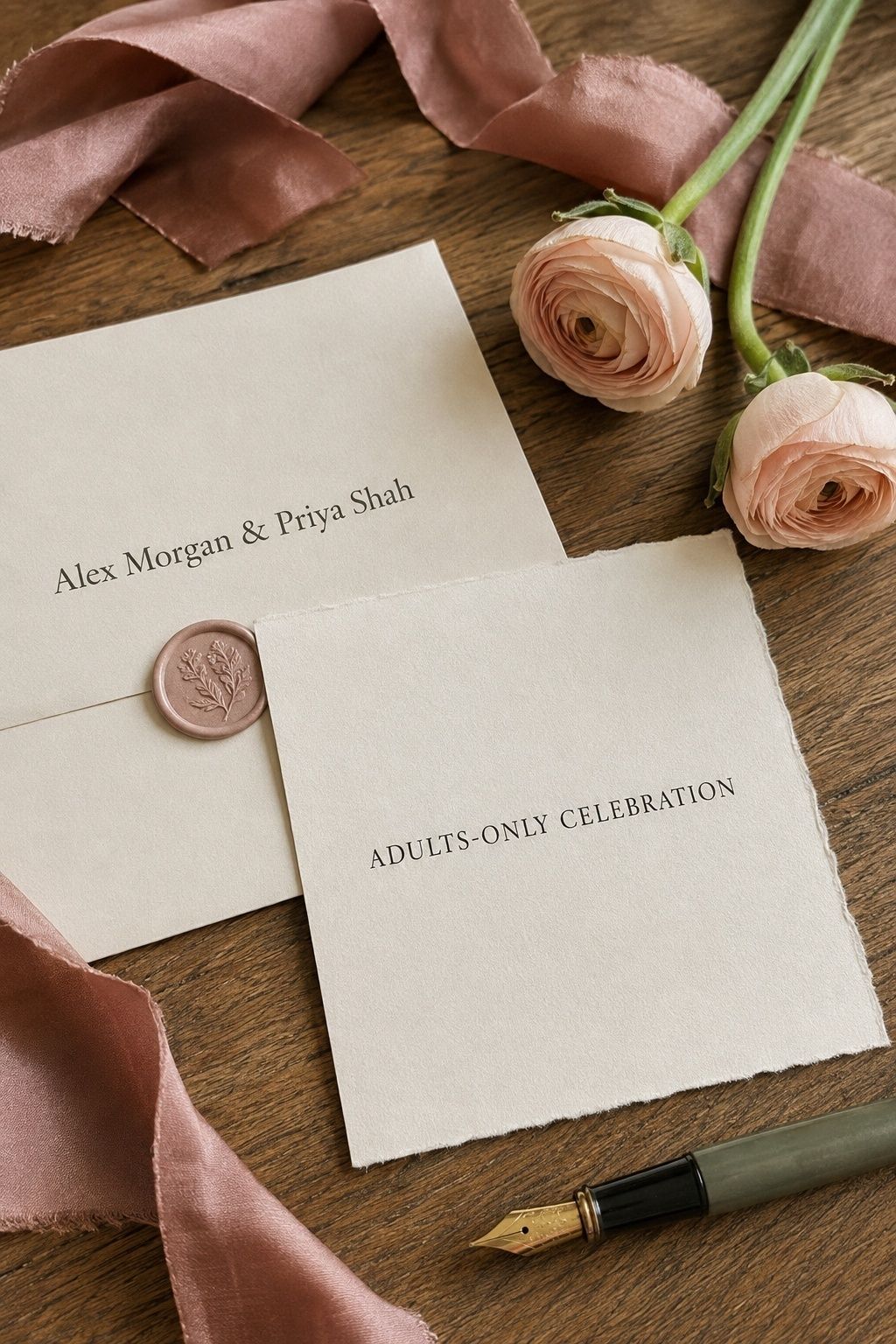 Adults-only wedding details card beside an invitation envelope addressed to two named adults