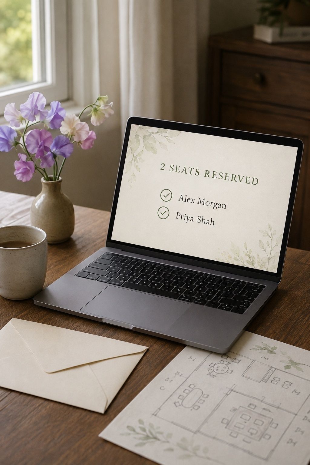 Wedding RSVP page showing two reserved seats for two named adult guests