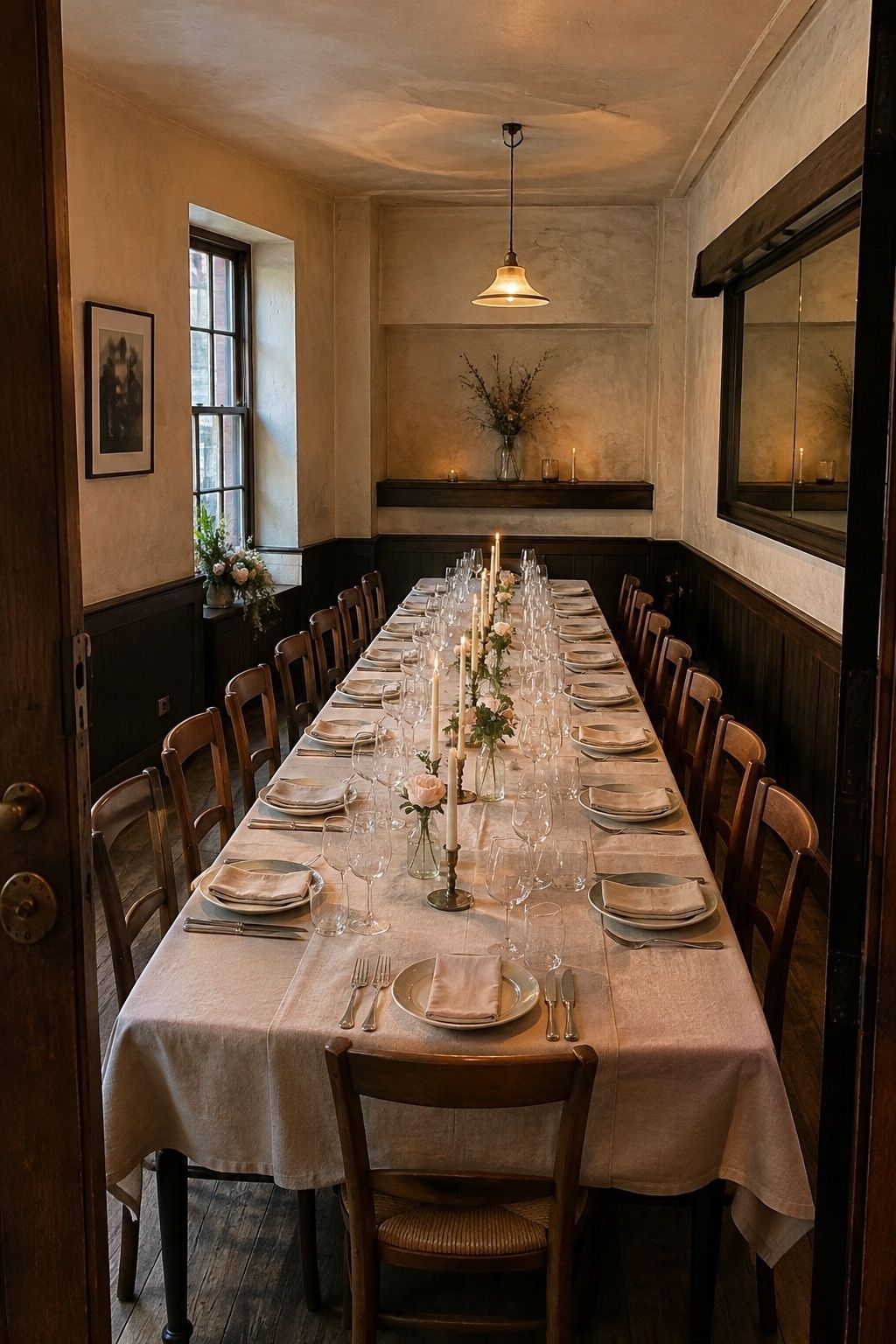 Narrow private dining room set for an intimate wedding with limited venue space