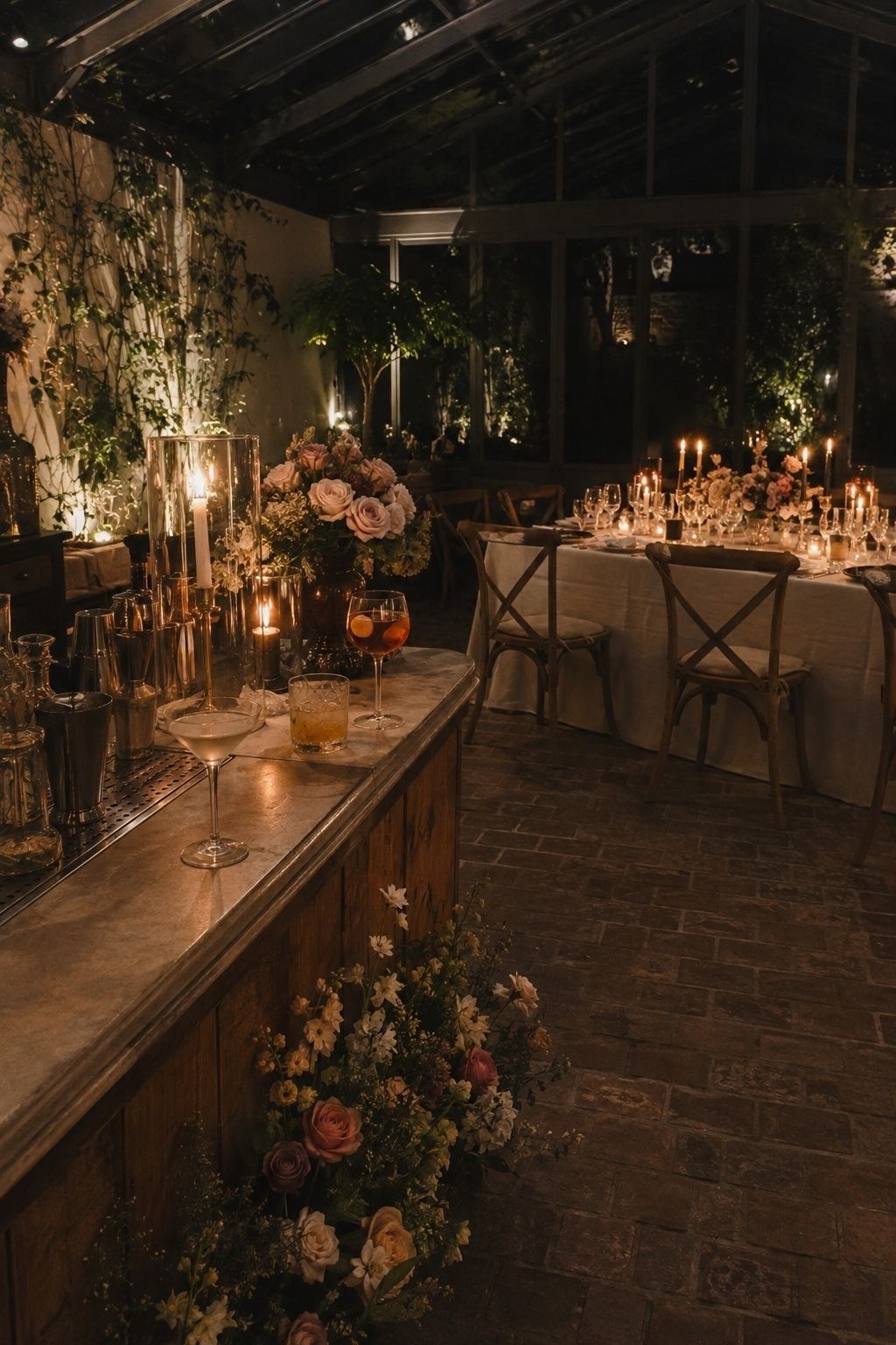 Candlelit intimate wedding reception with a cocktail bar and late dinner setting
