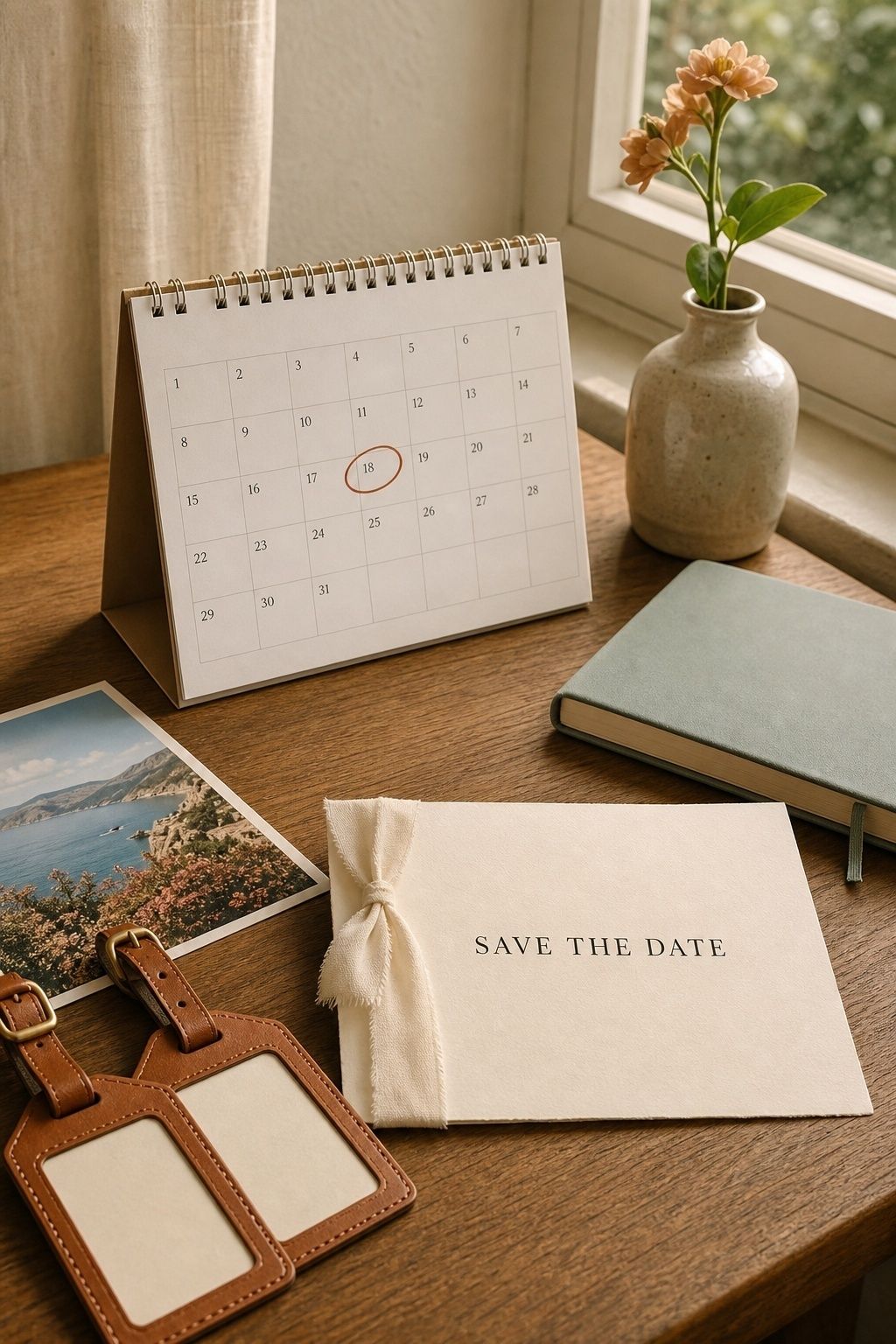 Save-the-date card with a future wedding date and travel planning details