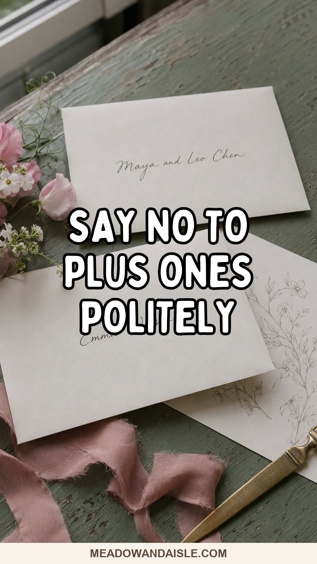 Say no to plus ones politely wedding pin over named invitation envelopes
