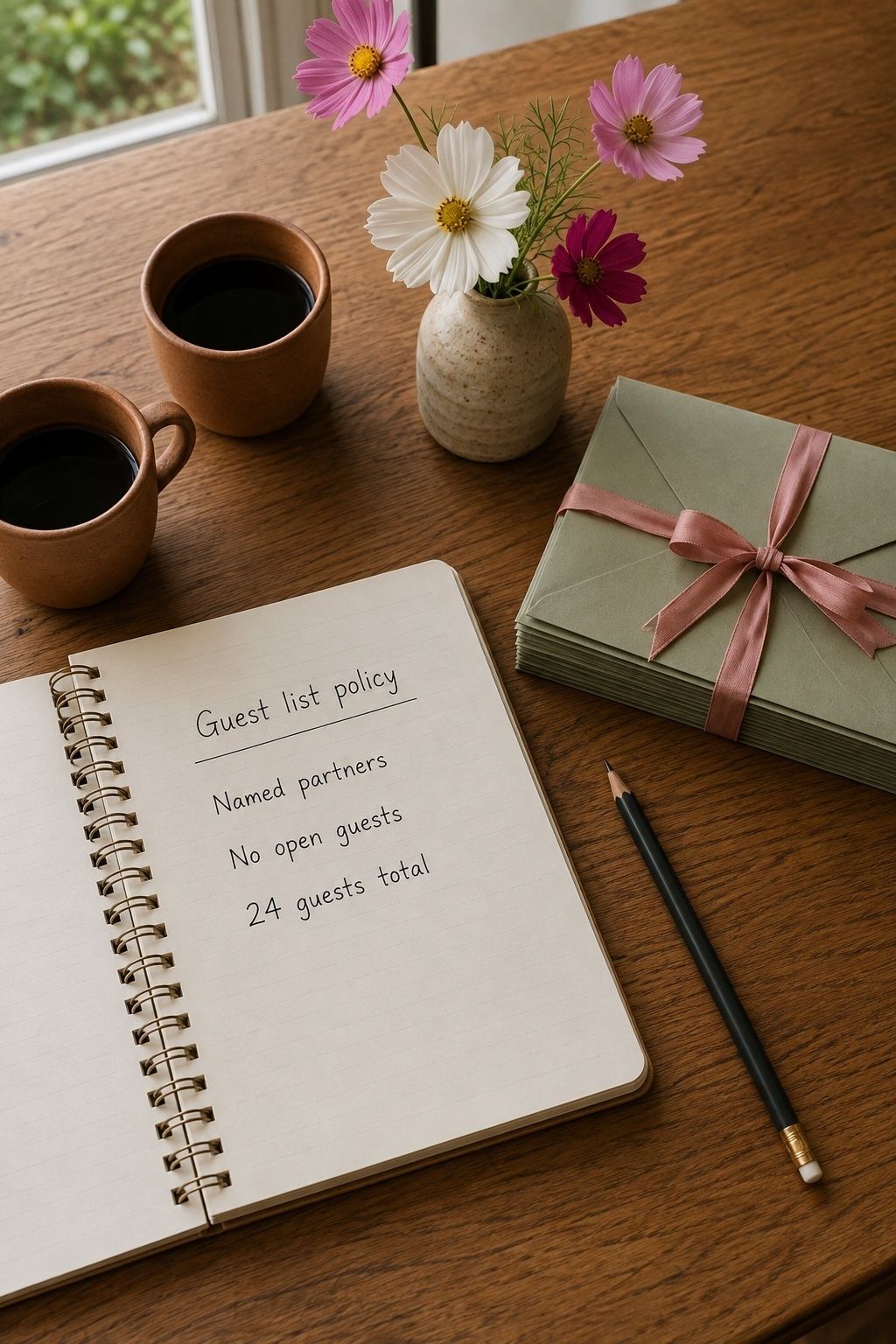 Guest-list policy notebook beside sage wedding envelopes and coffee cups