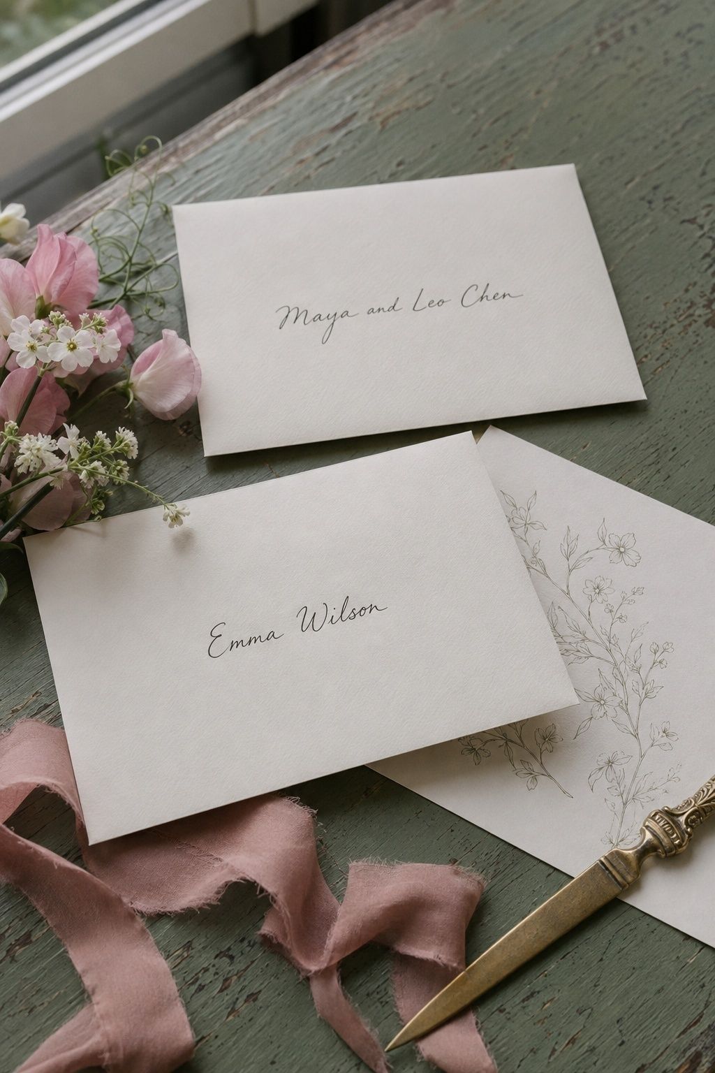 Wedding envelopes addressed to one guest and a named couple