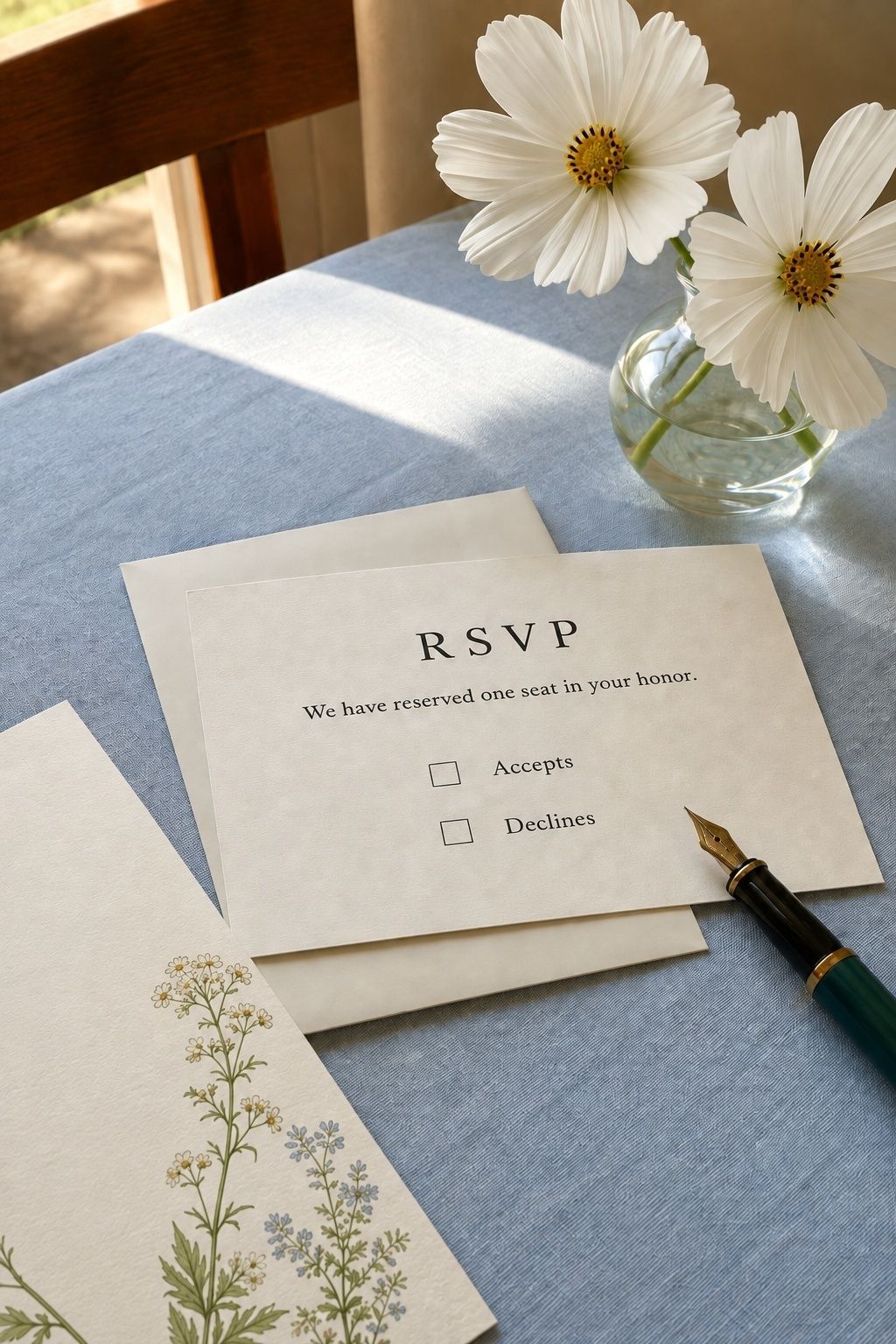 Wedding RSVP card reserving one seat with accepts and declines options