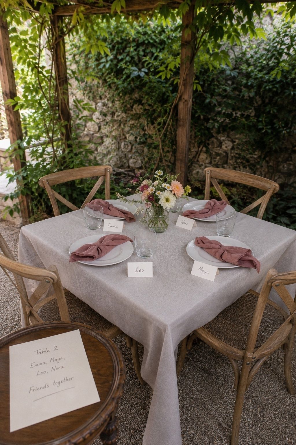 Garden wedding table with four named places and a friends-together seating note