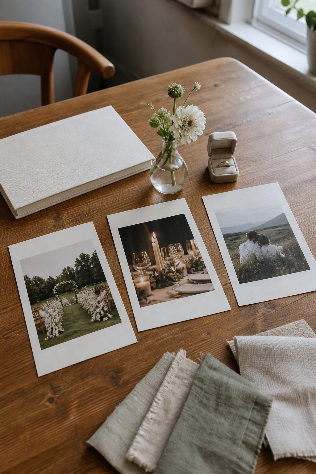 Three wedding priority photo cards for ceremony, candlelit dinner, and relaxed photography on a warm planning table